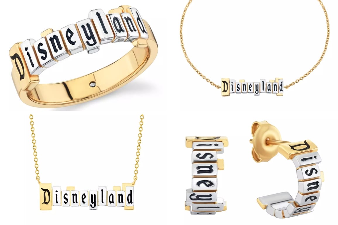 Pieces from the Disneyland 70th Marquee jewelry collection by CRISLU with a gold and platinum Disneyland marquee in gold settings: ring, bracelet, necklace, and hoop earrings.