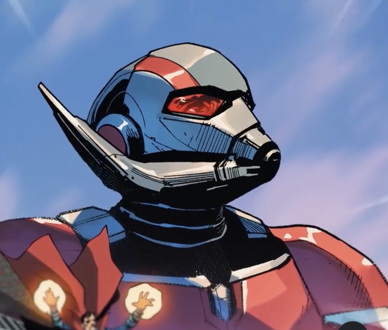A comic-style illustration of Ant-Man in his helmet and suit against a blue sky background.