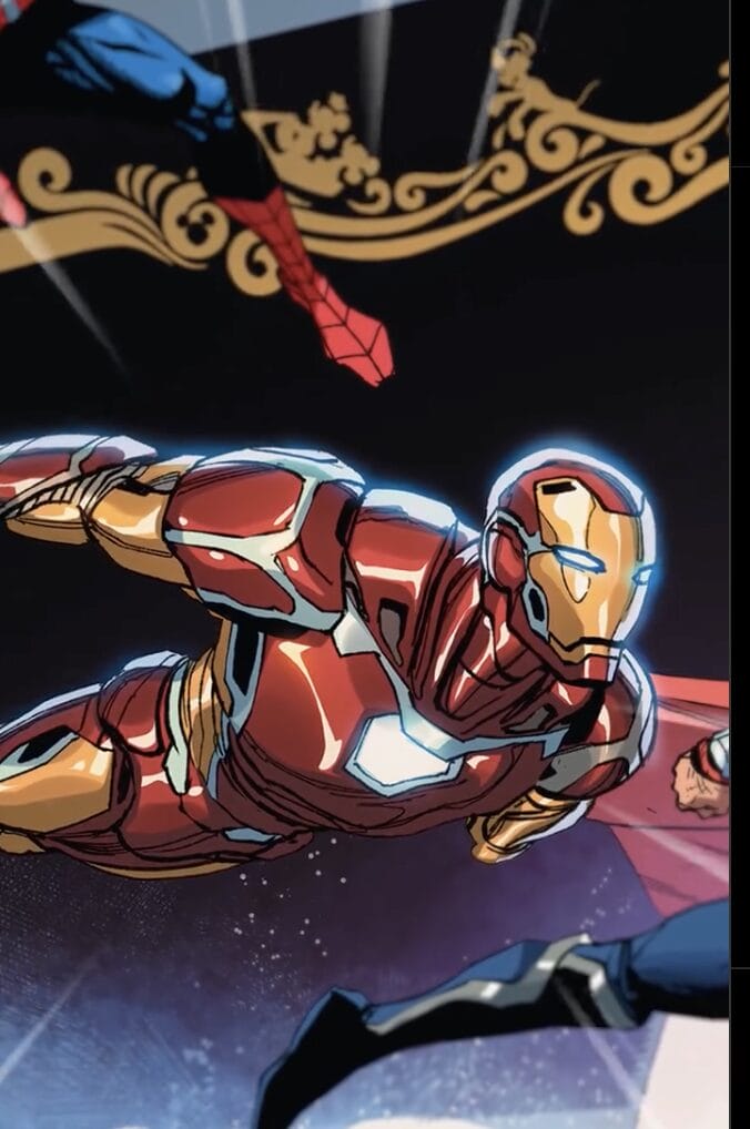 Iron Man in his red and gold suit flying, with part of Spider-Man and another hero visible in the background.