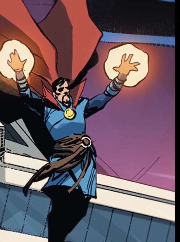 A caped superhero with glowing orbs in his hands stands on a rooftop against a purple sky.