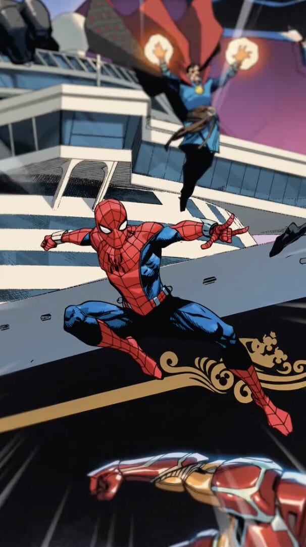 Spider-Man leaps forward on a ship while Doctor Strange casts magic in the background.