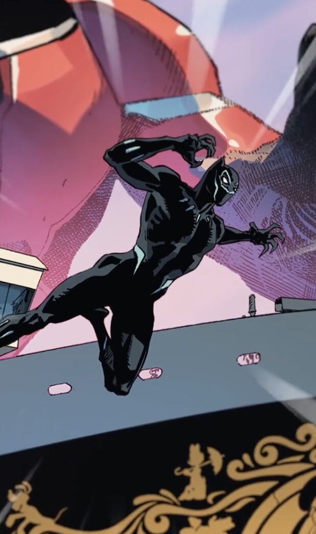 Black Panther leaps forward with Iron Man's suit visible in the background against a colorful, comic-style backdrop.