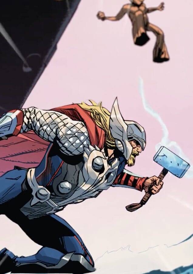 Thor in armor holds his hammer, Mjolnir, with a woman falling in the background against a pink sky.
