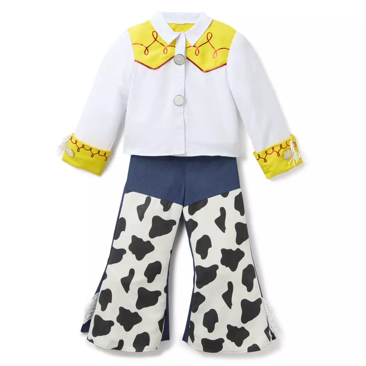 Child’s cowgirl costume from the Disney Store with yellow shirt, blue pants, and cow print chaps—perfect for Halloween costumes.