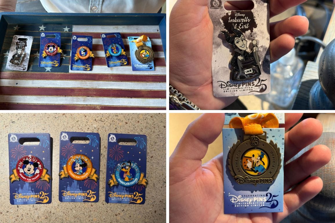 Four photos showcase Disneyland Pin Trading 25th Anniversary collectible pins featuring Mickey and Friends in various designs.