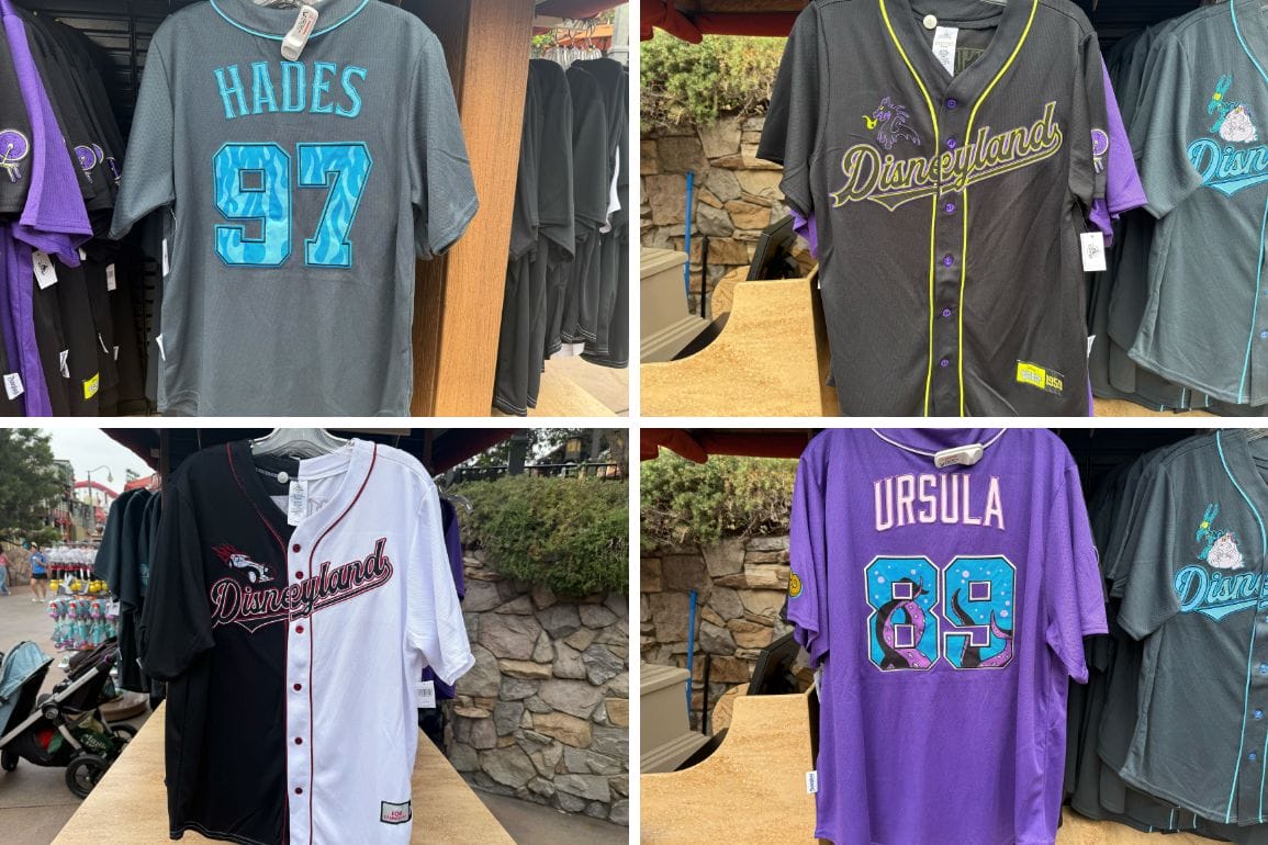 Four Wicked Sports Jerseys on display, inspired by Disney Villains like Hades and Ursula, with classic Disneyland logos.