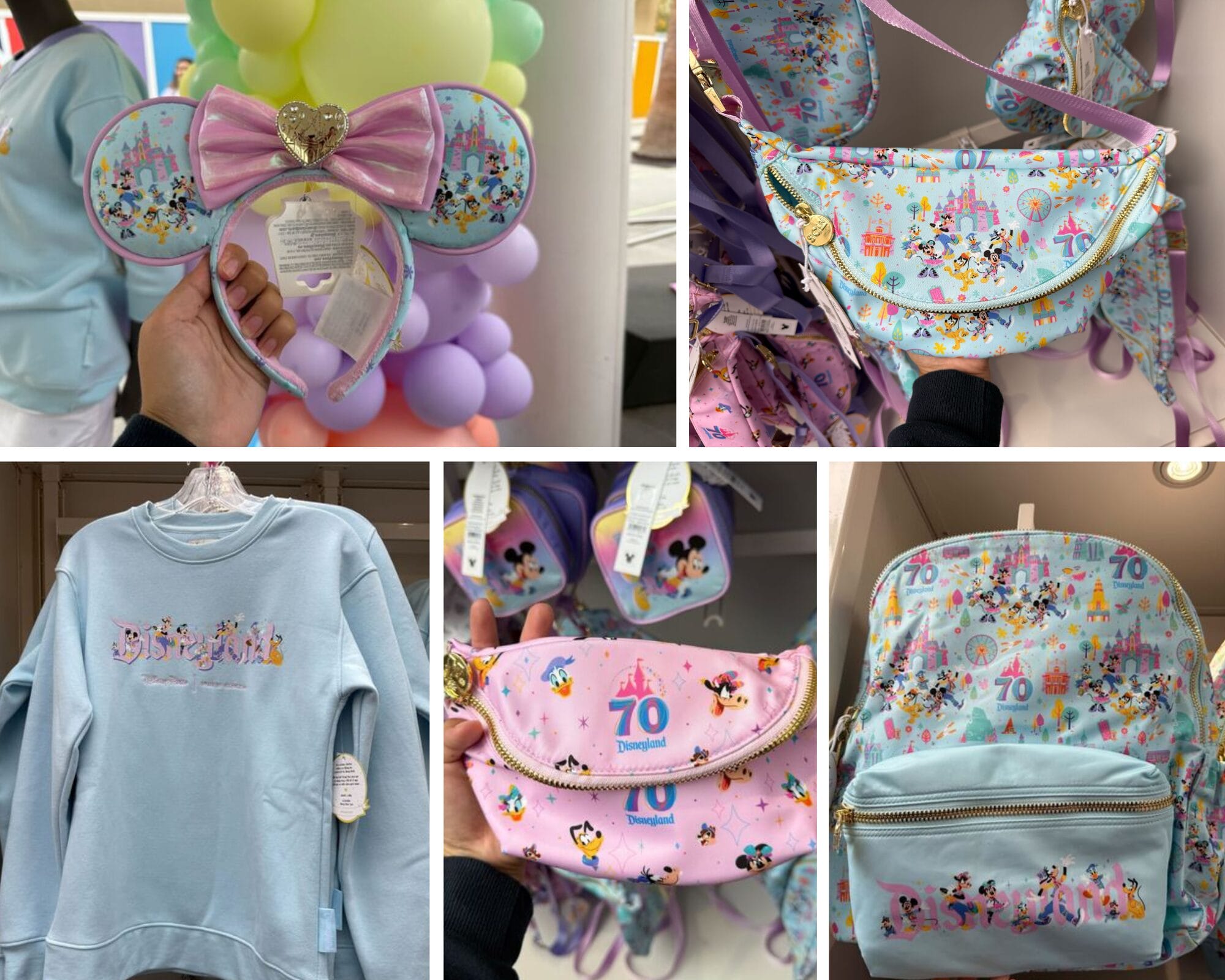 Collage of Disneyland Resort 70th Anniversary Collection merchandise, including ears, bags, a sweatshirt, and pastel accessories.