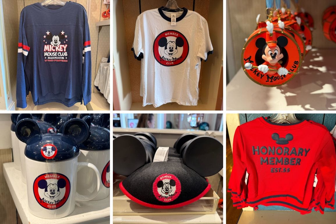 Six 70th Anniversary Mickey Mouse Club merchandise items, including shirts and mugs, displayed at Disneyland.