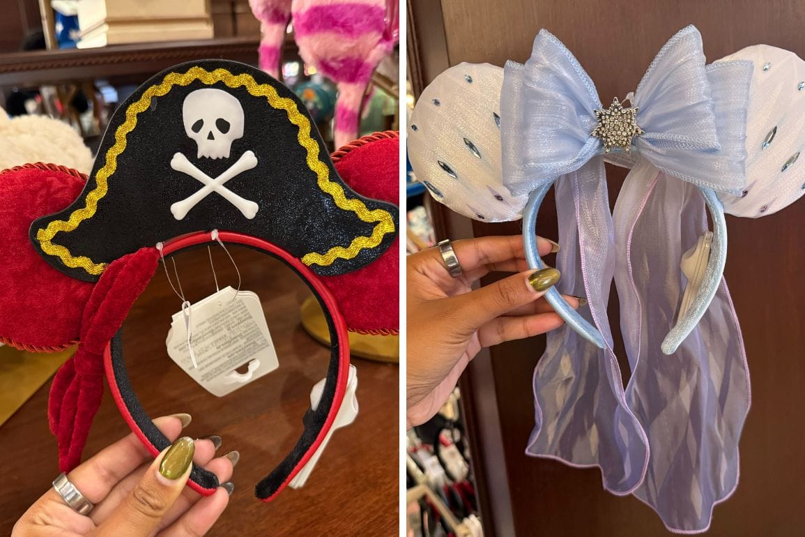 A hand holds a Pirates of the Caribbean hat headband and another holds a blue bow Minnie ears headband with a veil.