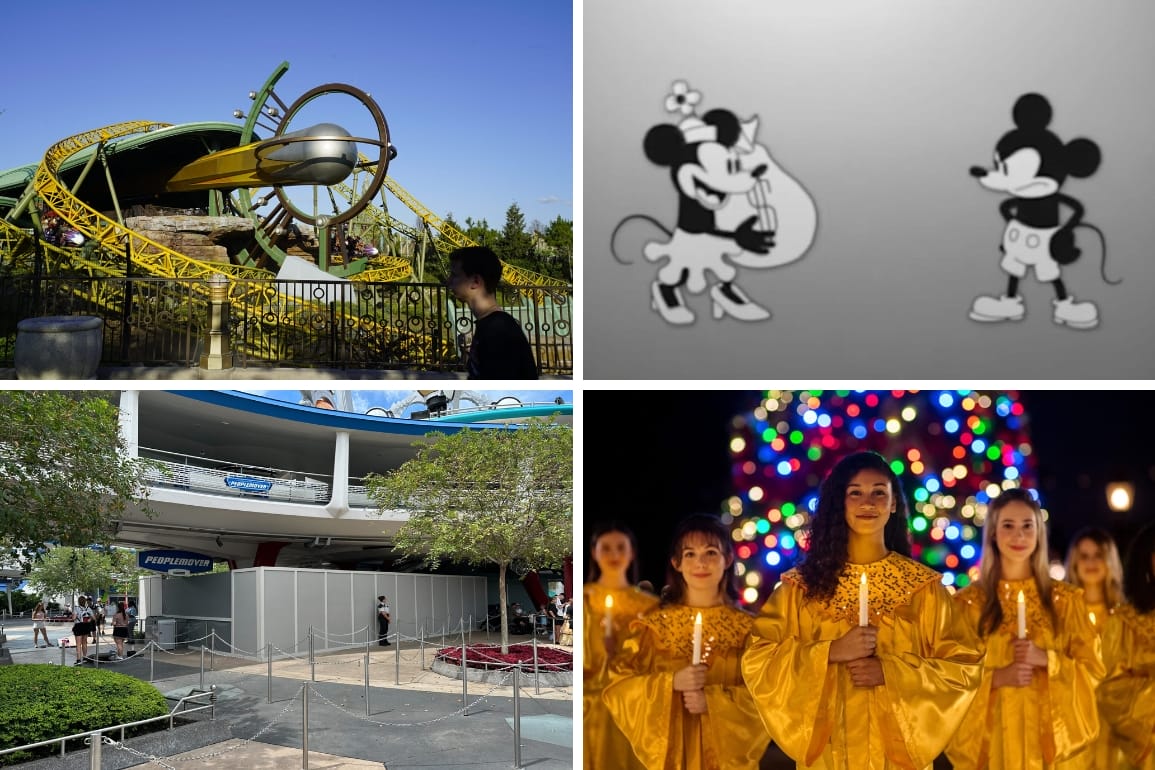 Daily Recap collage: Stardust Racers roller coaster at Epic Universe, Morgan & Morgan's Steamboat Willie ad, construction walls around the PeopleMover at Magic Kingdom, and the 2024 Candlelight Processional at Epcot.