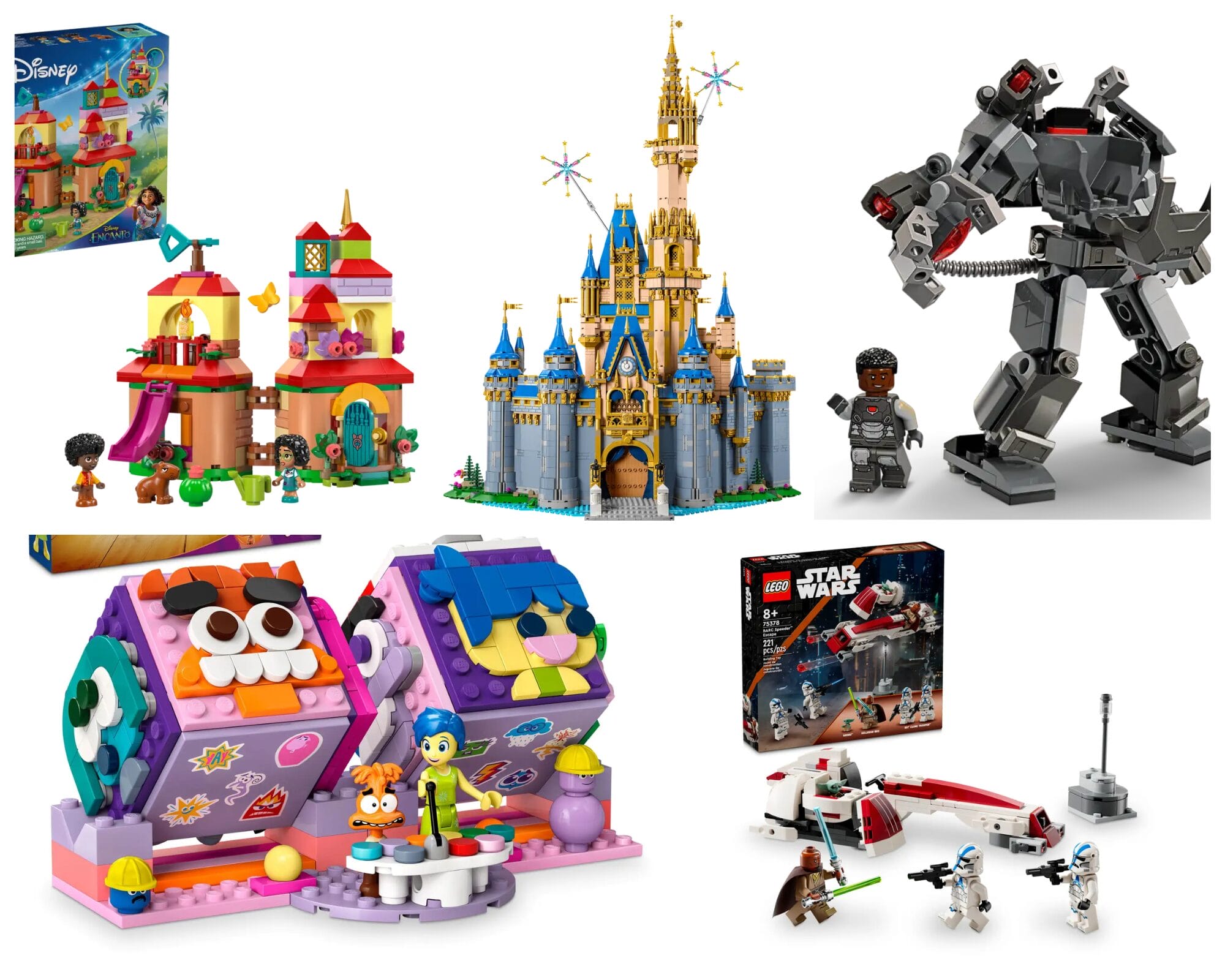 Collage of colorful LEGO sets featuring Disney LEGO sets, Star Wars, a robot, a house, and playful book-shaped builds.