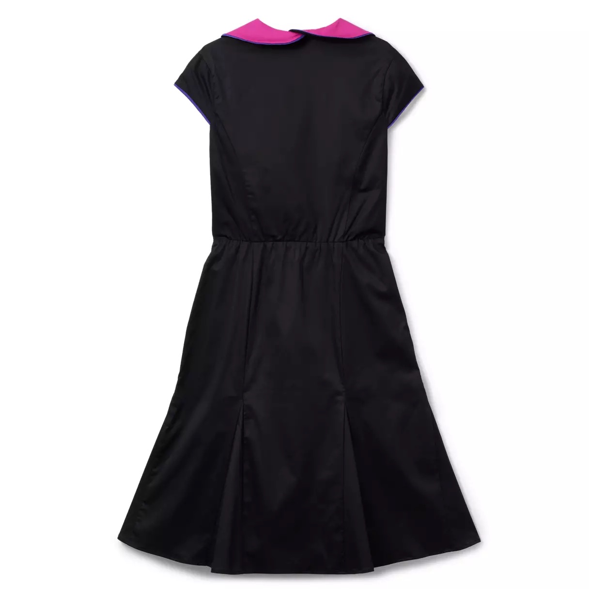Exclusive black short-sleeve dress with a fitted waist and bright pink collar, inspired by Disney Parks Dress Shop.