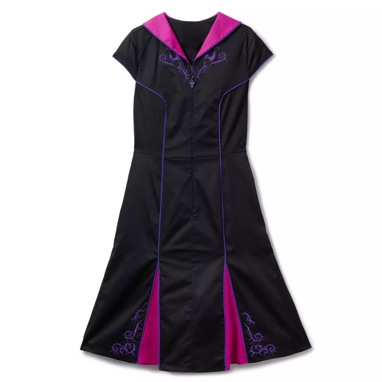 Exclusive Disney Parks Dress Shop black dress with Maleficent-inspired purple piping and magenta collar, floral embroidery.