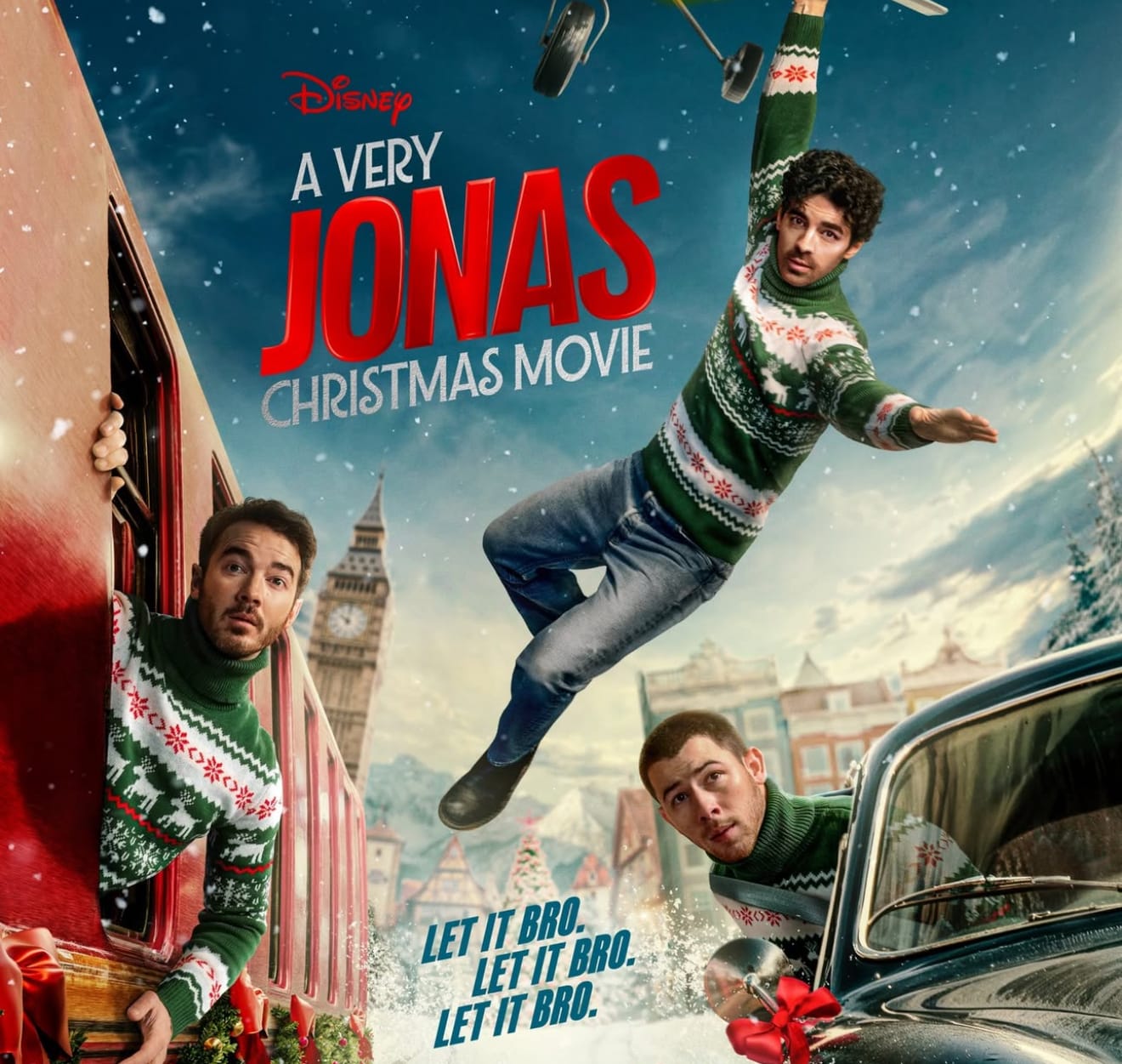Three men in matching sweaters in snow with a train and car; film poster text: "A Very Jonas Christmas Movie.