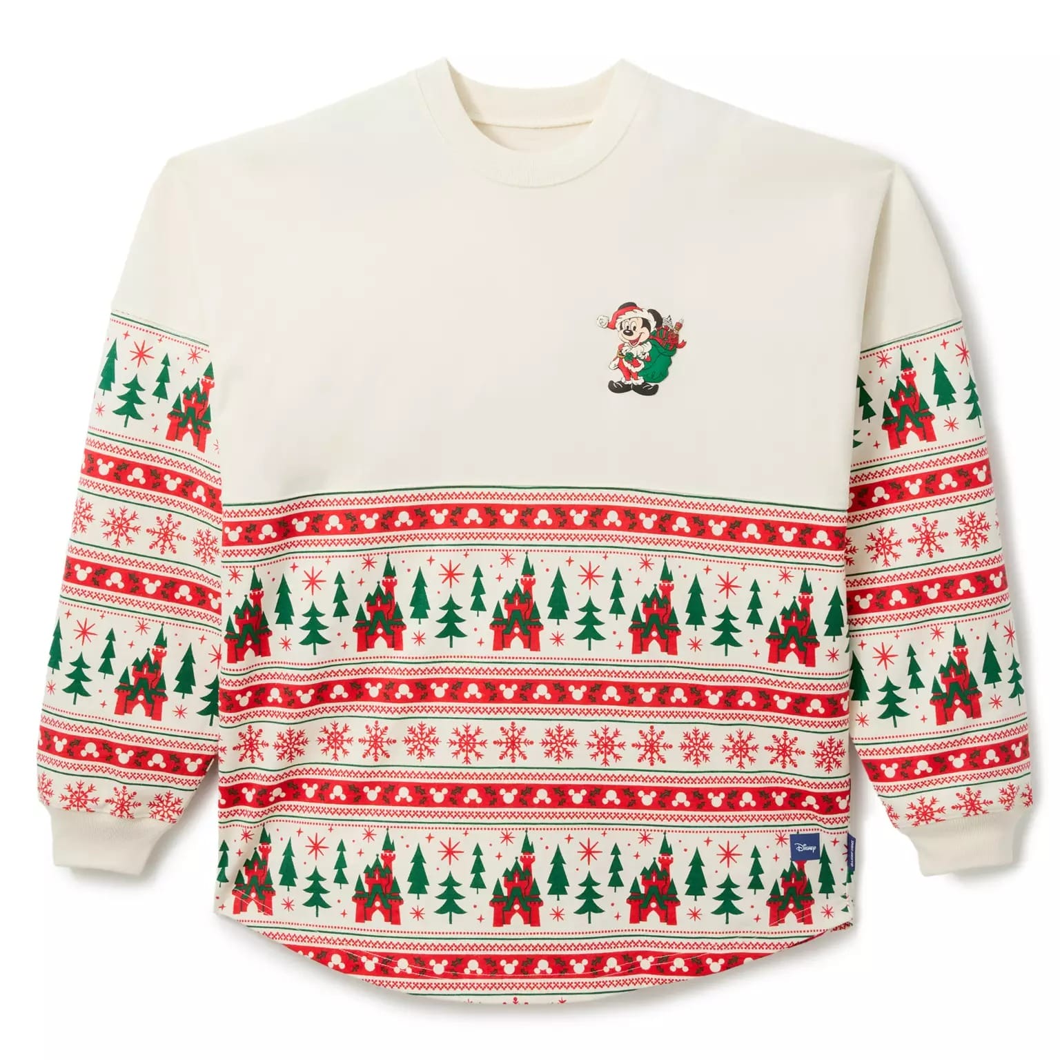 Cream sweatshirt with festive tree and snowflake patterns, part of the 2025 Disney Christmas Merchandise collection.