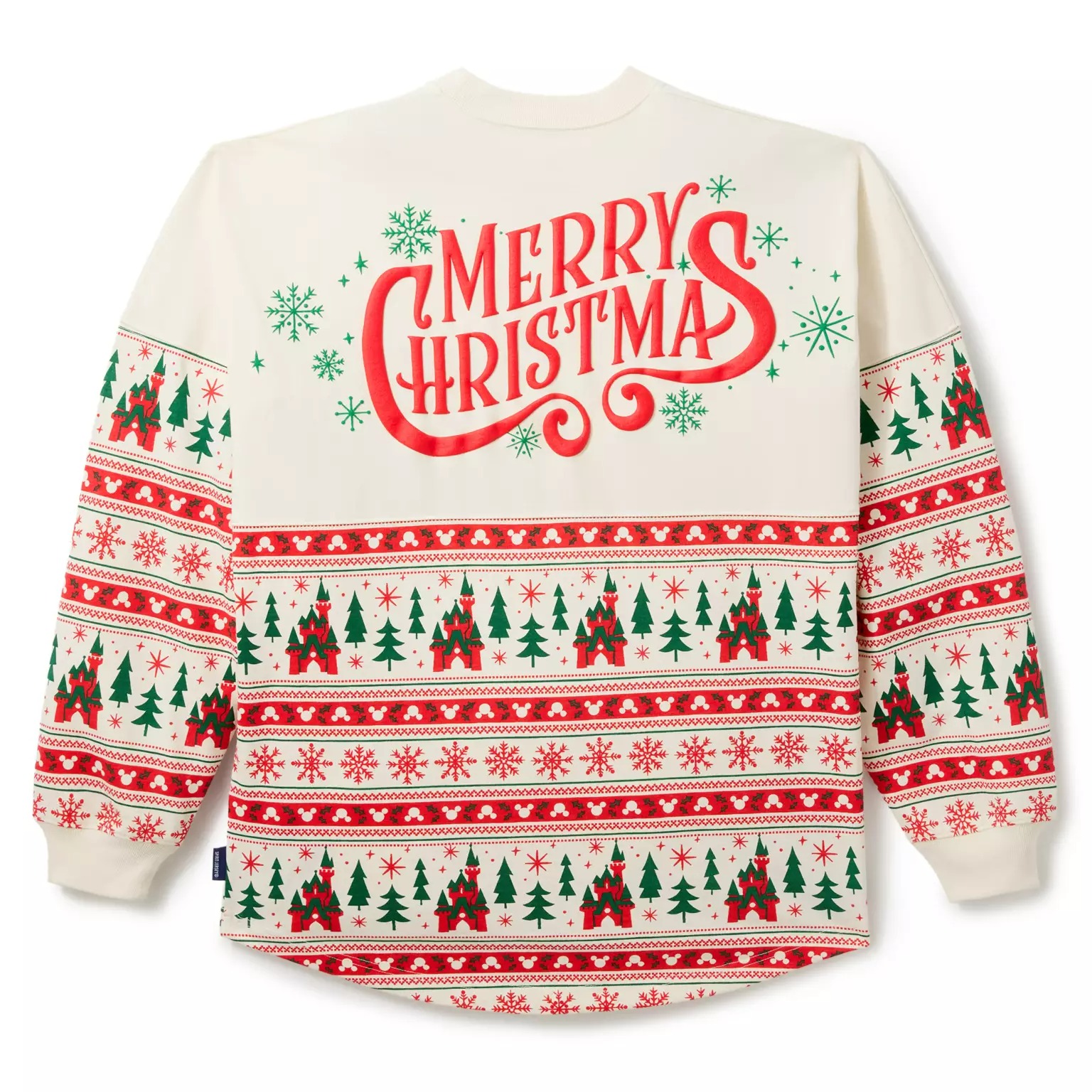 Cream sweater with red "Merry Christmas" text and festive Disney Christmas merchandise patterns from the Disney Store.