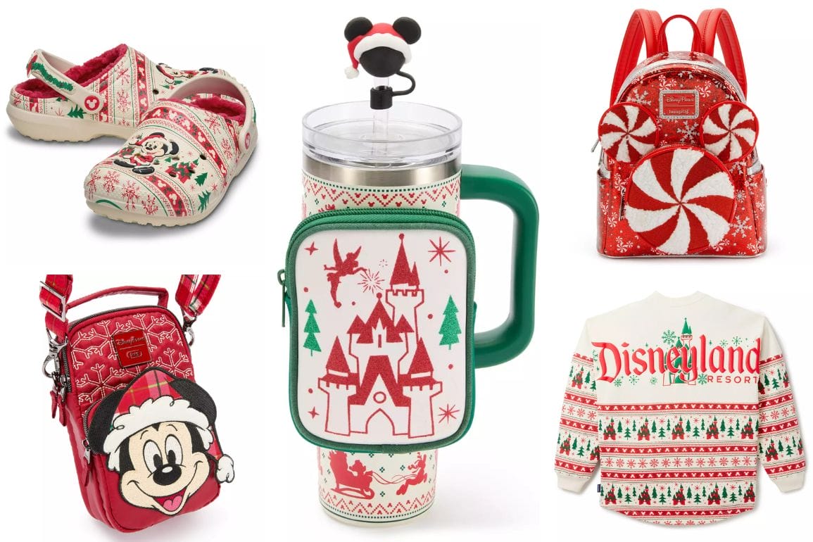 Assorted Disney Christmas Merchandise: Crocs, a tumbler, two bags, a backpack, and a Disneyland sweater from Disney Store.