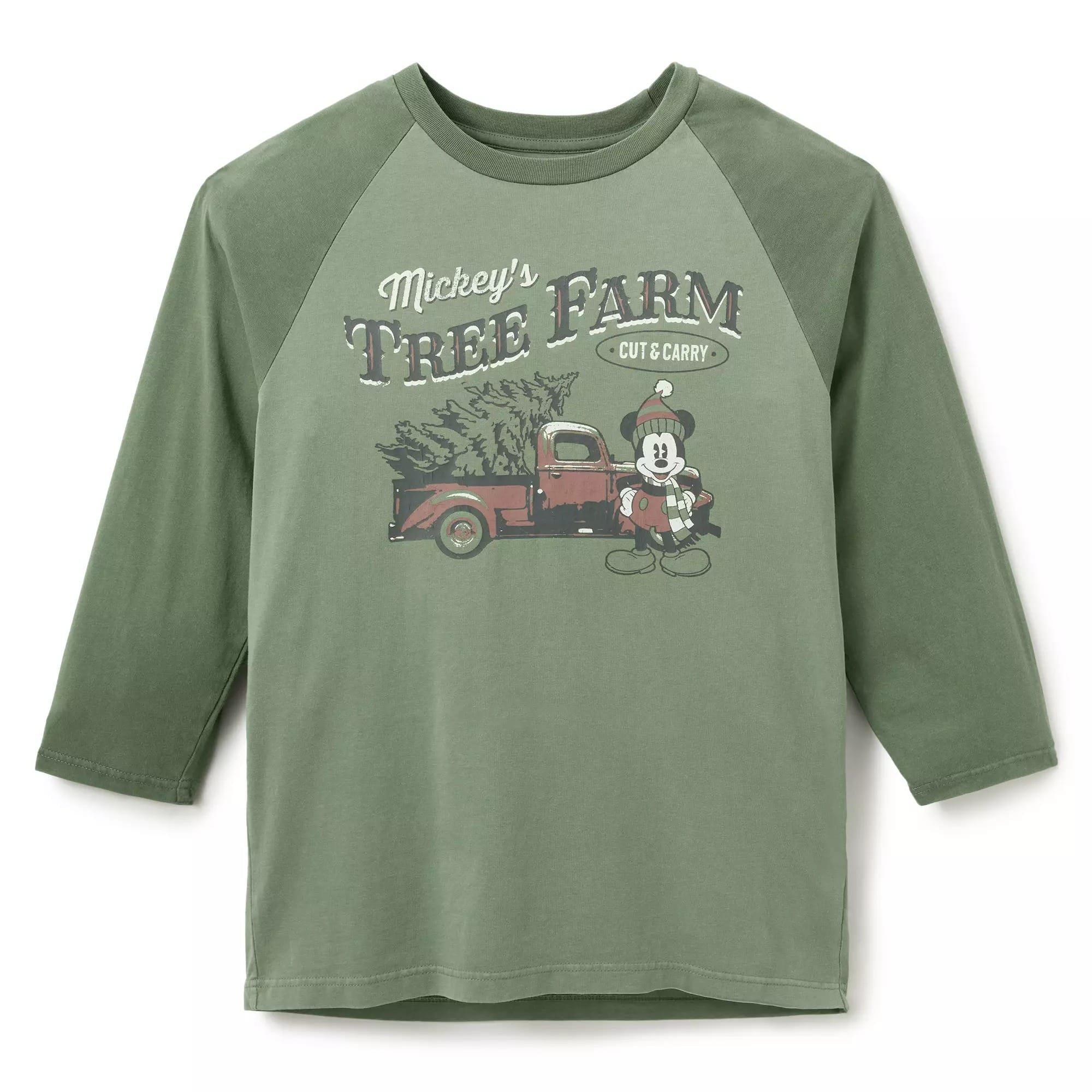 Festive green long-sleeve Disney Store shirt with "Mickey's Tree Farm" and a red truck—perfect Disney Christmas merchandise.