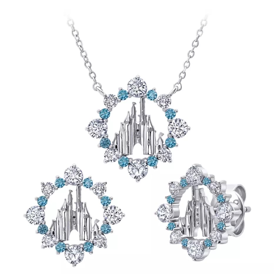 Silver necklace and earrings set inspired by the Fantasyland Castle, accented with blue and clear gemstones in a circular pattern.