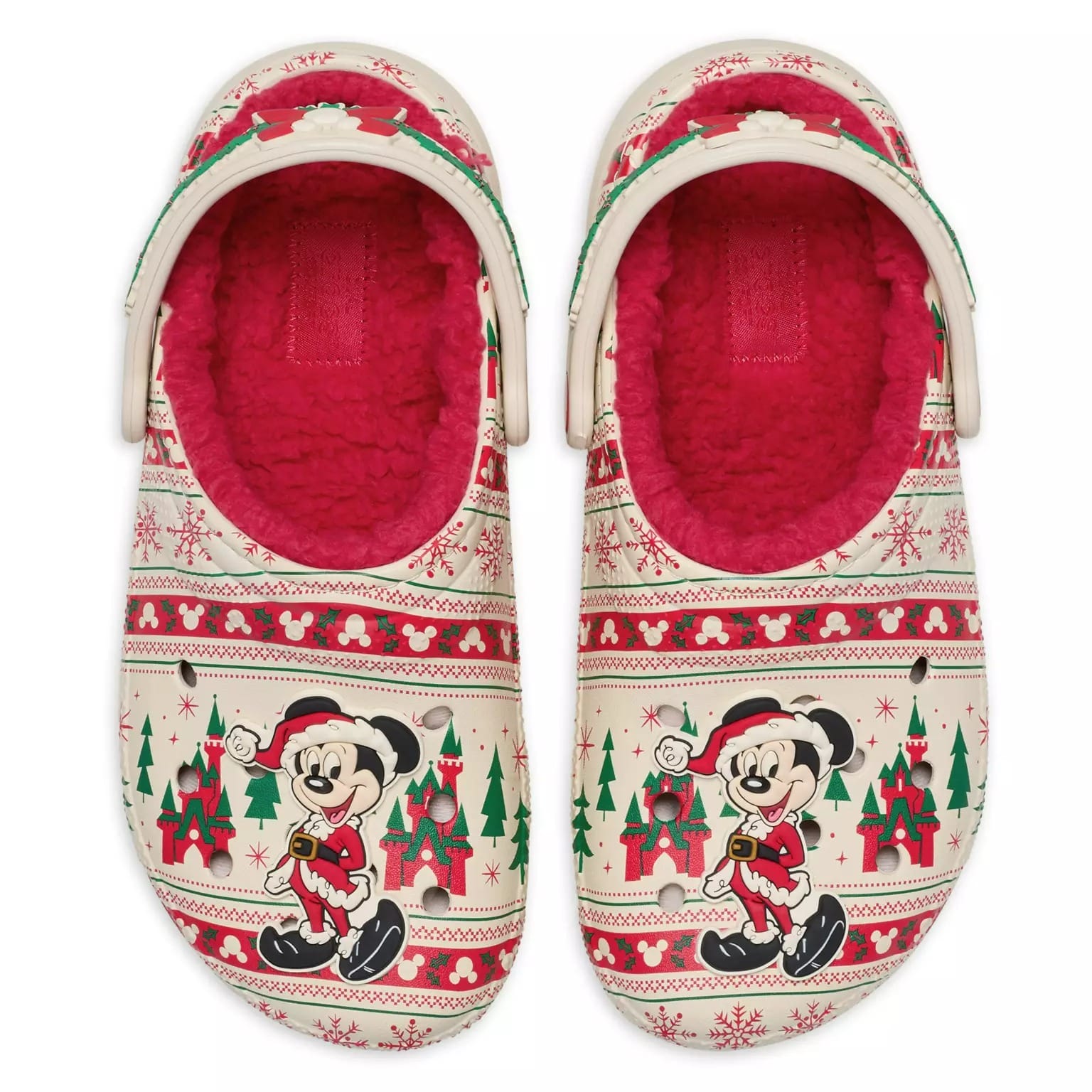 Pair of Disney Christmas merchandise clogs with red lining, Mickey Mouse in a Santa outfit, trees, and gift patterns.