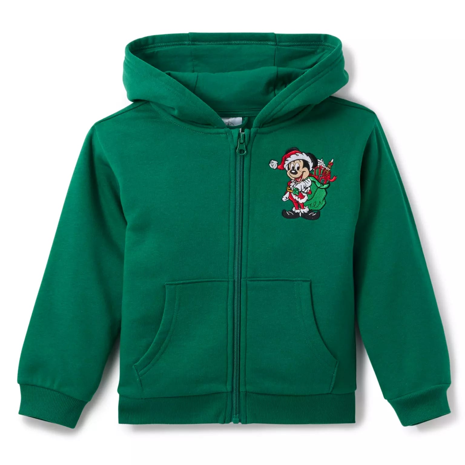 Green zip-up hoodie with festive Minnie Mouse and gifts, part of the 2025 Disney Christmas Merchandise collection.