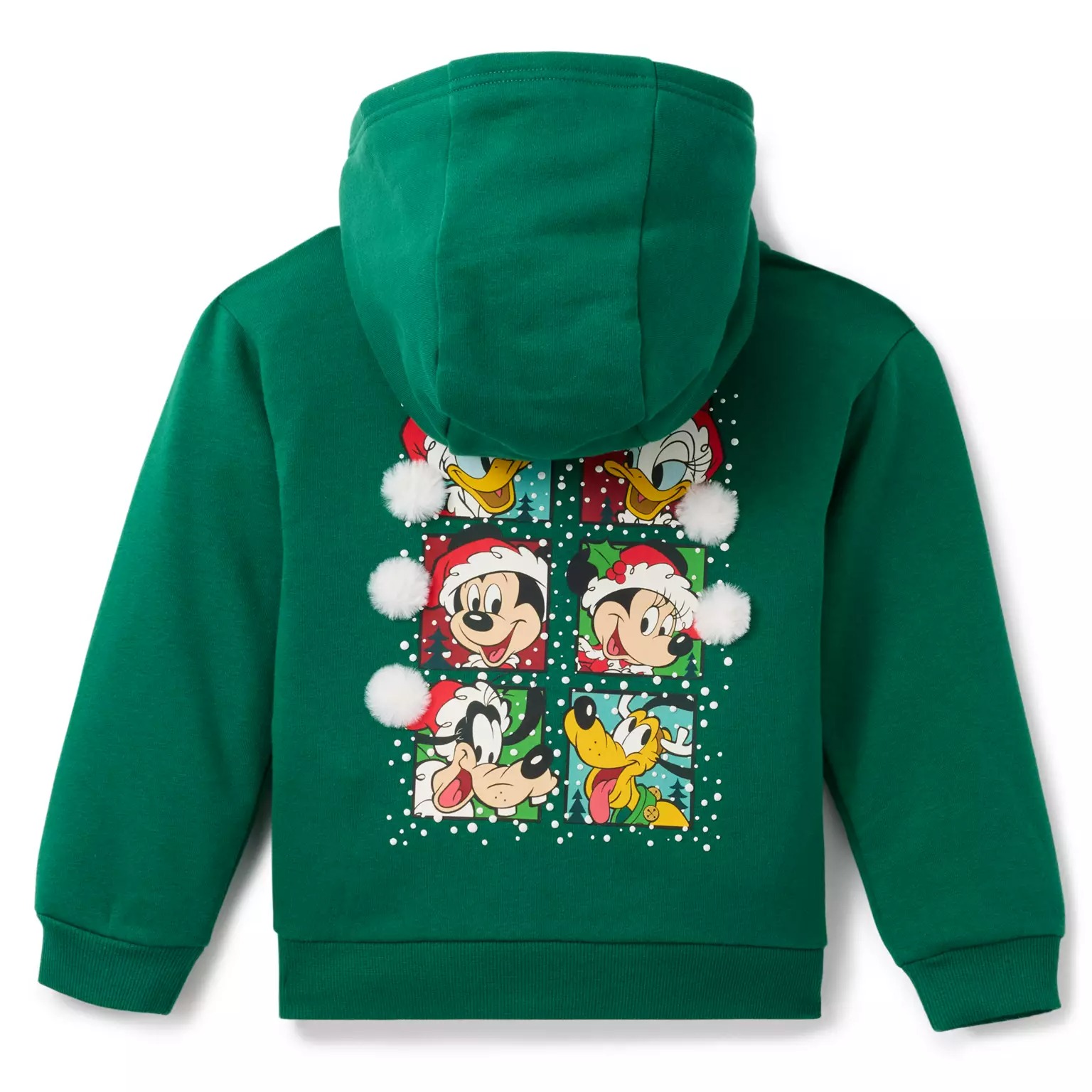 Green hoodie from Disney Store’s 2025 Christmas merchandise, featuring Disney characters in Santa hats and white pom-poms.