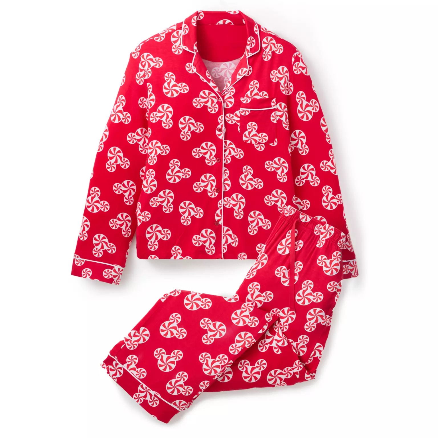 Disney Christmas Merch 2025 - Red pajama set with white peppermint candy print, part of Disney Christmas merchandise for 2025.