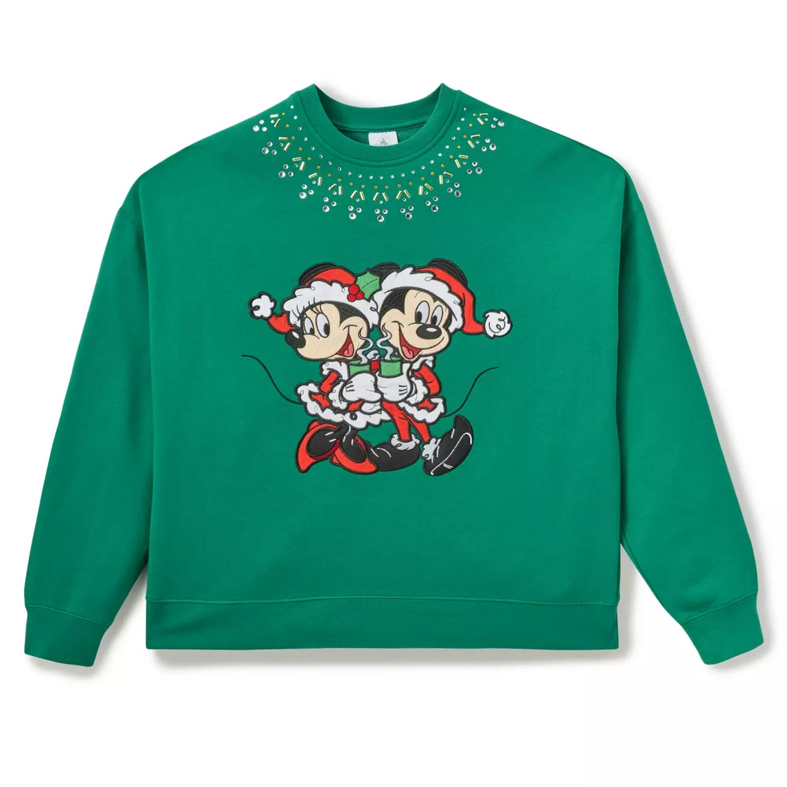 Green sweatshirt from the Disney Store features Mickey and Minnie in Santa outfits—a 2025 Disney Christmas Merchandise must-have.