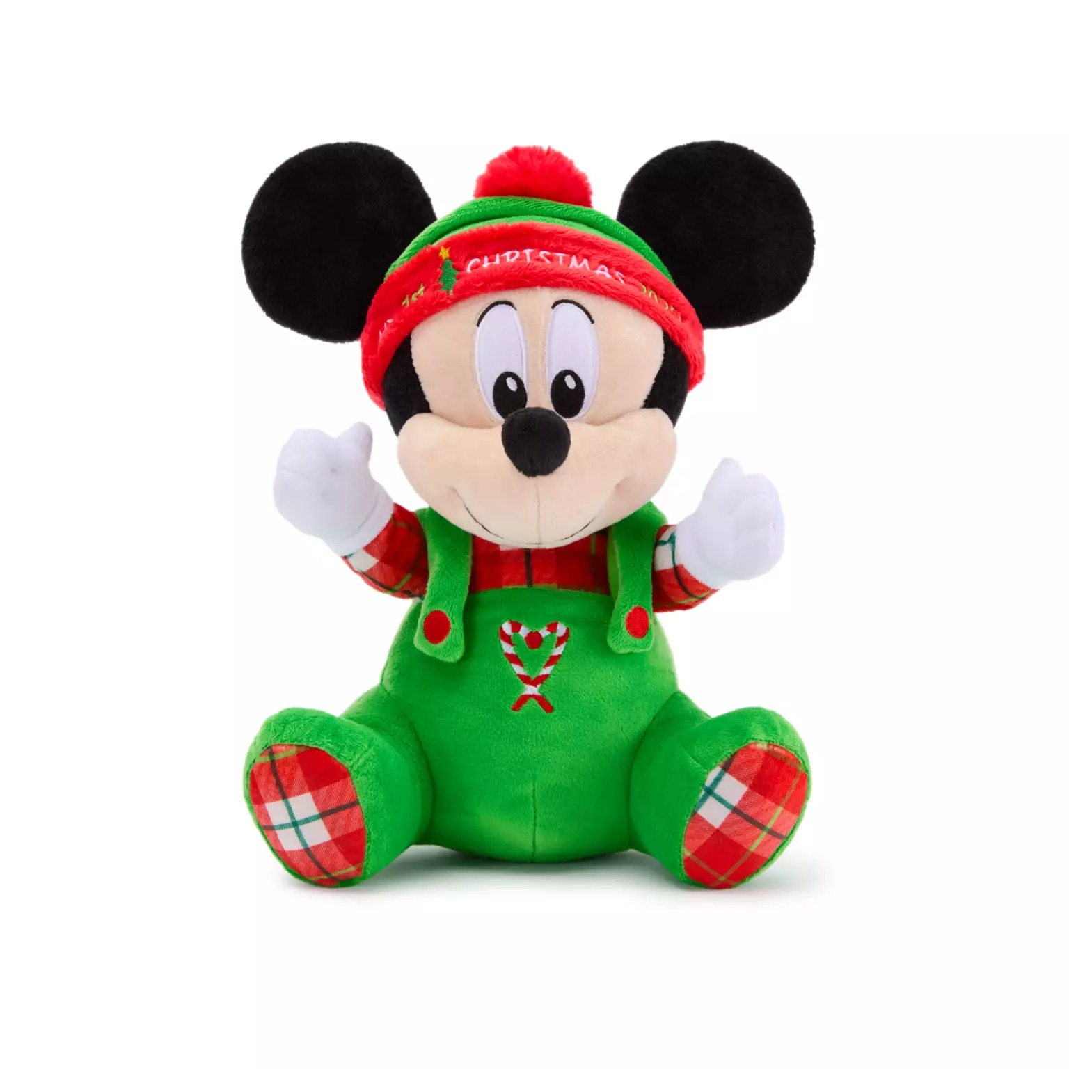 Plush Mickey Mouse toy in festive outfit, part of Disney Christmas Merchandise 2025 at the Disney Store.