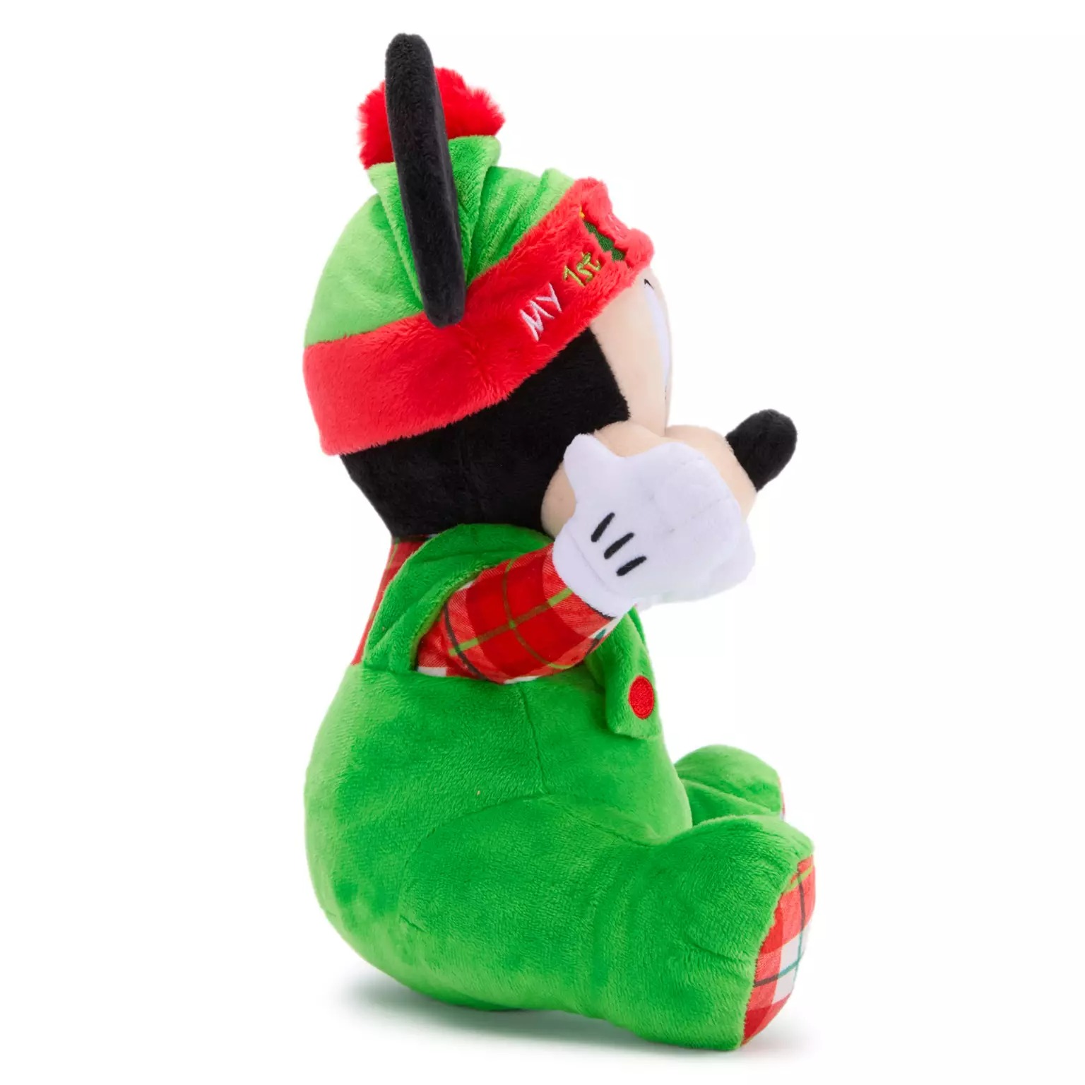 Plush toy mouse in green Christmas outfit and hat, a 2025 Disney Store Christmas merchandise collectible with plaid accents.