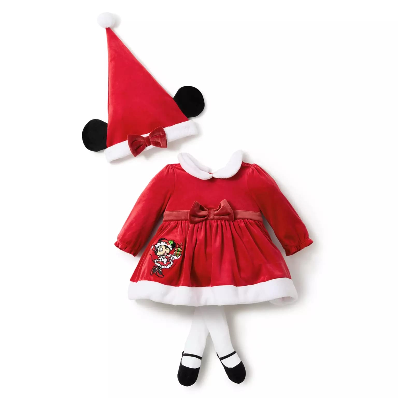 Red velvet baby dress with white trim and Minnie Mouse design; part of the 2025 Disney Store Christmas merchandise collection.