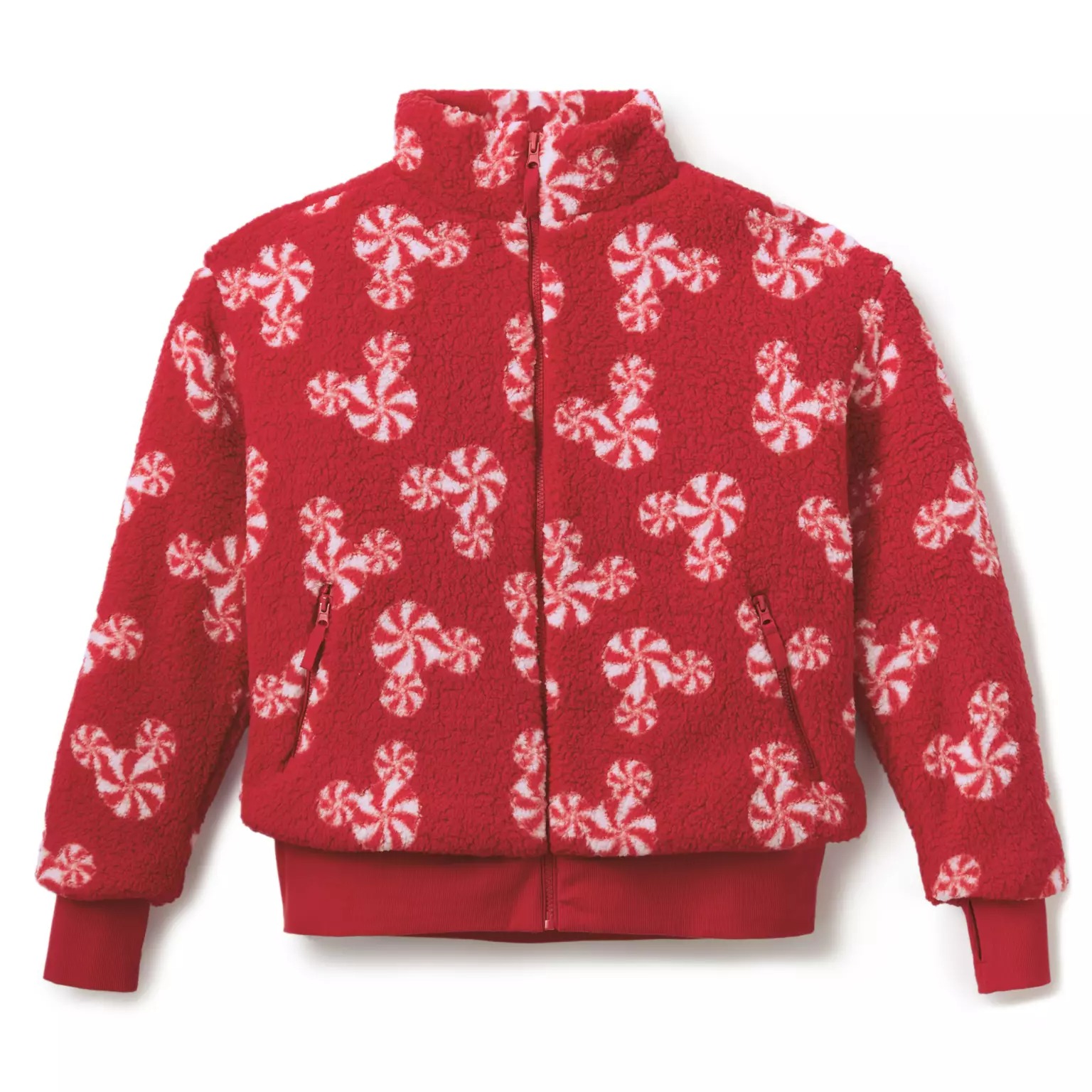 A red fleece jacket with white peppermint candy patterns—part of the 2025 Disney Christmas Merchandise collection.
