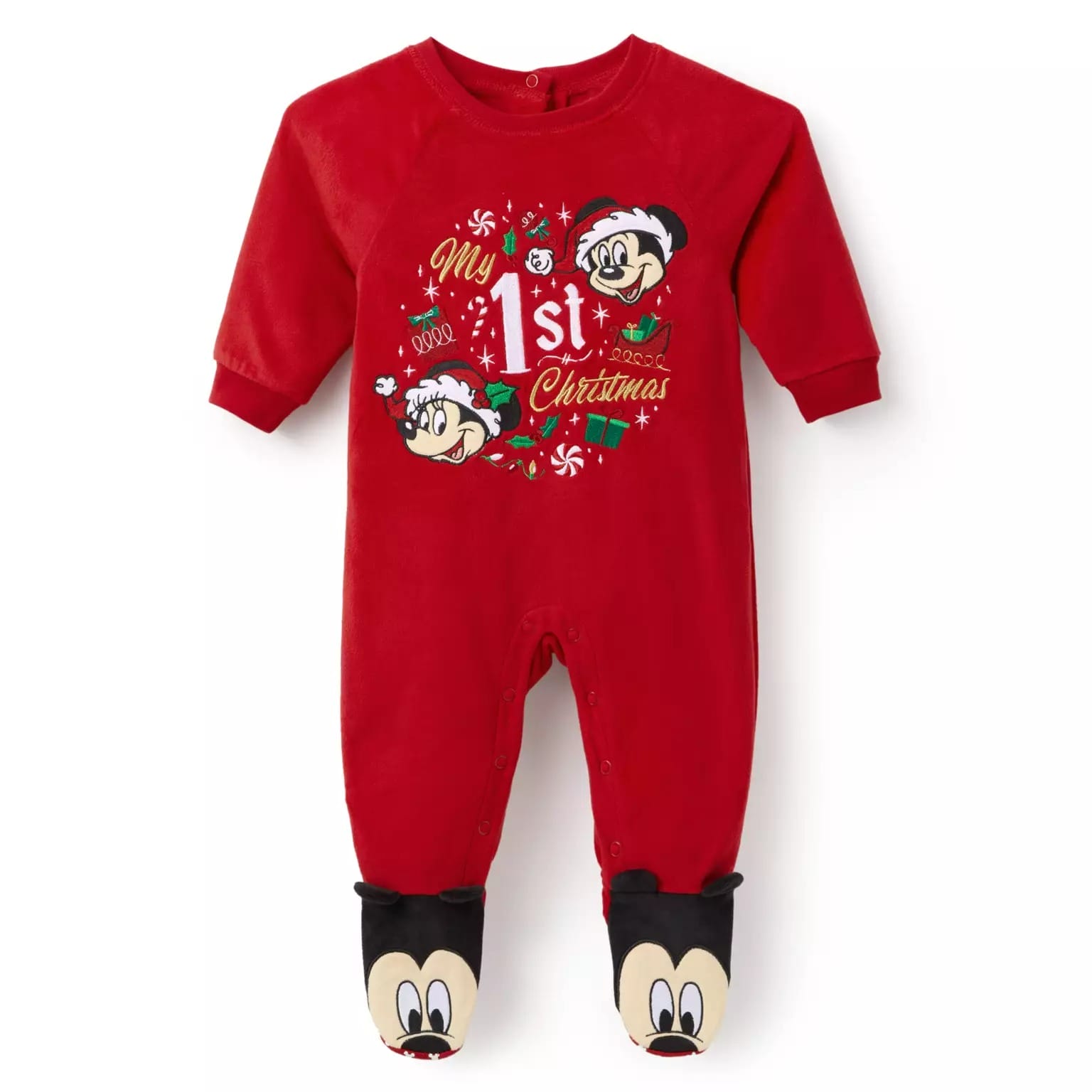 Red baby onesie from the 2025 Disney Store with "My 1st Christmas" and Disney mouse faces in Santa hats, plus matching feet.