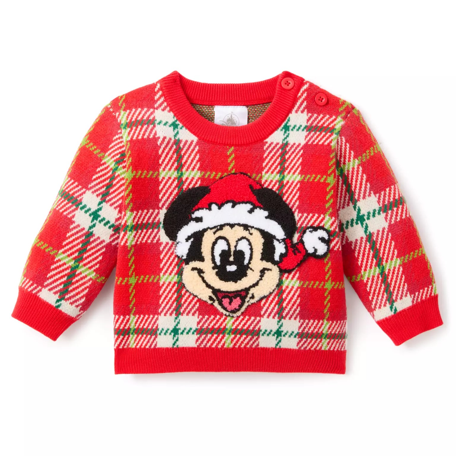 Red and white plaid sweater with a Santa hat mouse, part of 2025 Disney Christmas merchandise for young children.
