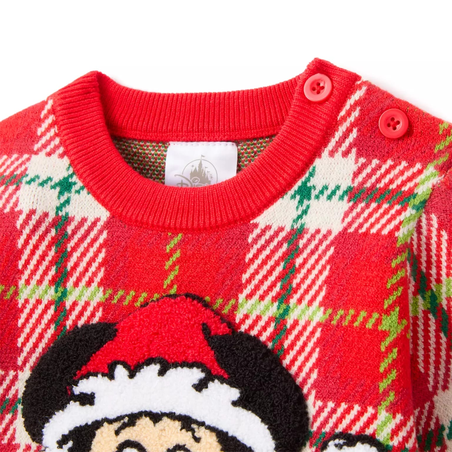 Red and green plaid Disney Store sweater with red buttons and a cartoon character in a Santa hat for 2025.