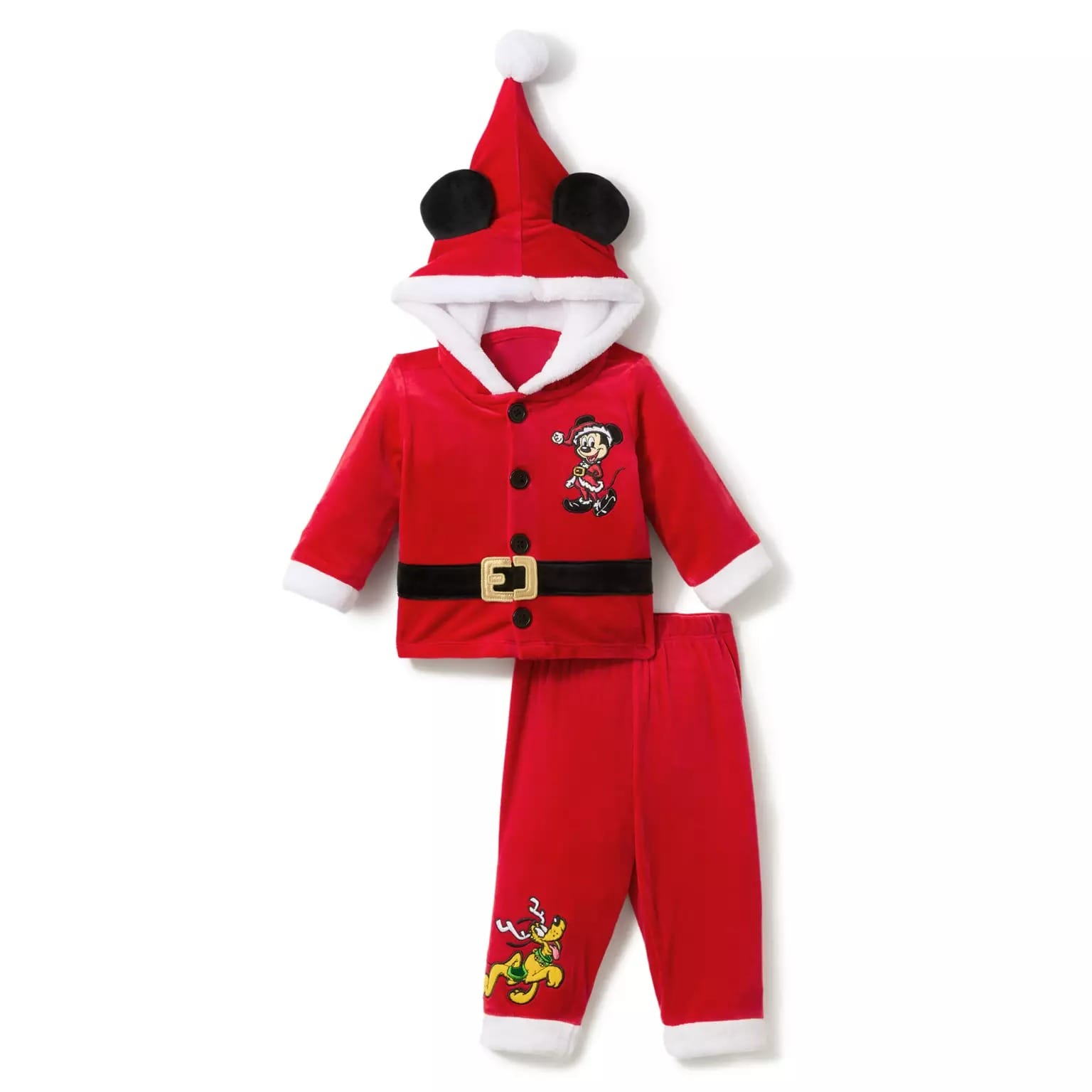 Red kids’ Christmas pajamas from Disney Store, featuring Mickey Mouse, Pluto, and festive Disney Christmas merchandise.