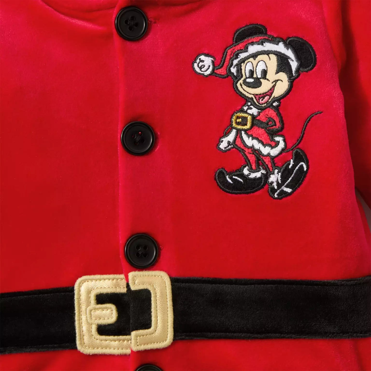 Red jacket with black buttons, black belt, and an embroidered Santa Mickey—festive Disney Christmas Merchandise for 2025.