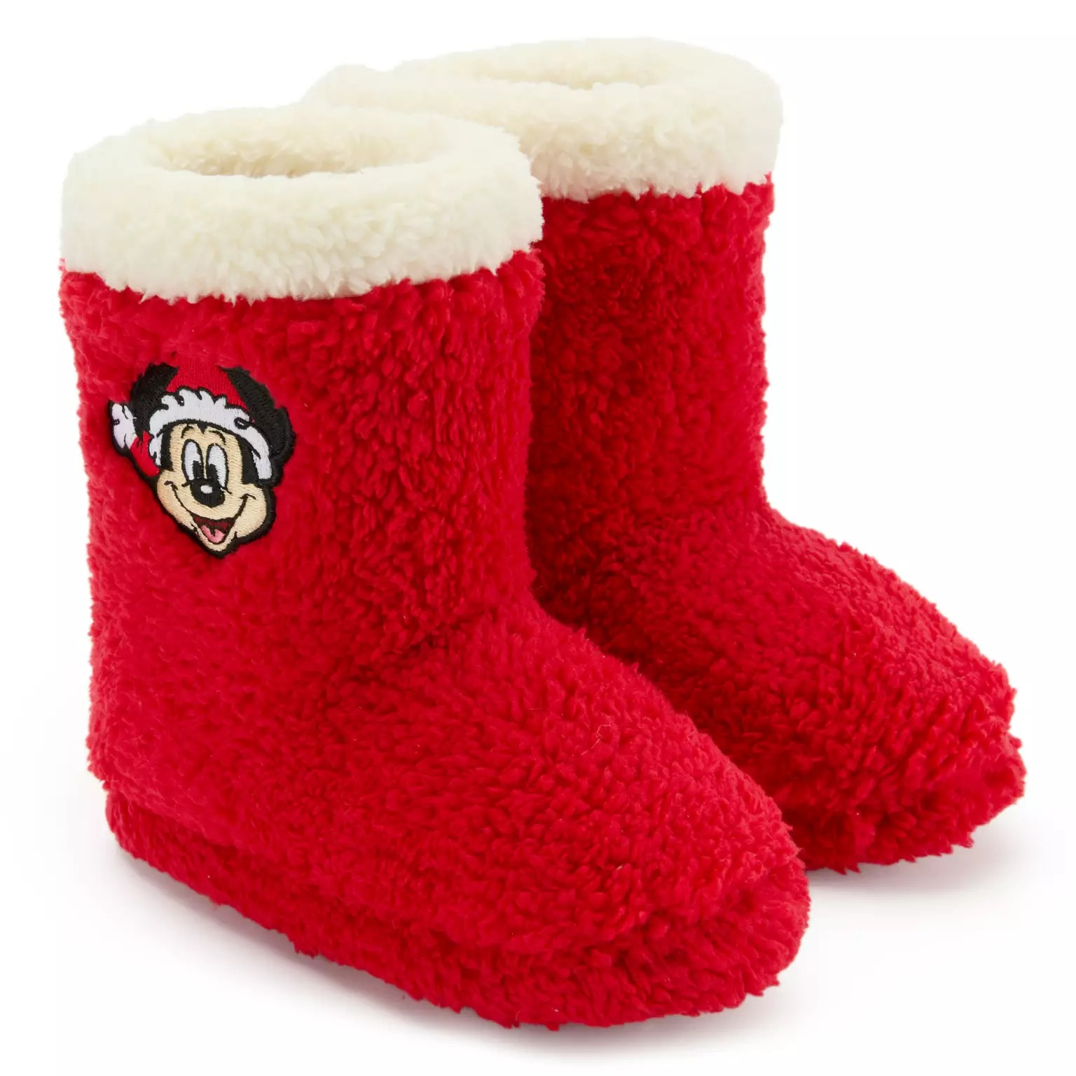 Red fuzzy slipper boots with white cuffs, part of the 2025 Disney Christmas merchandise at Disney Store.