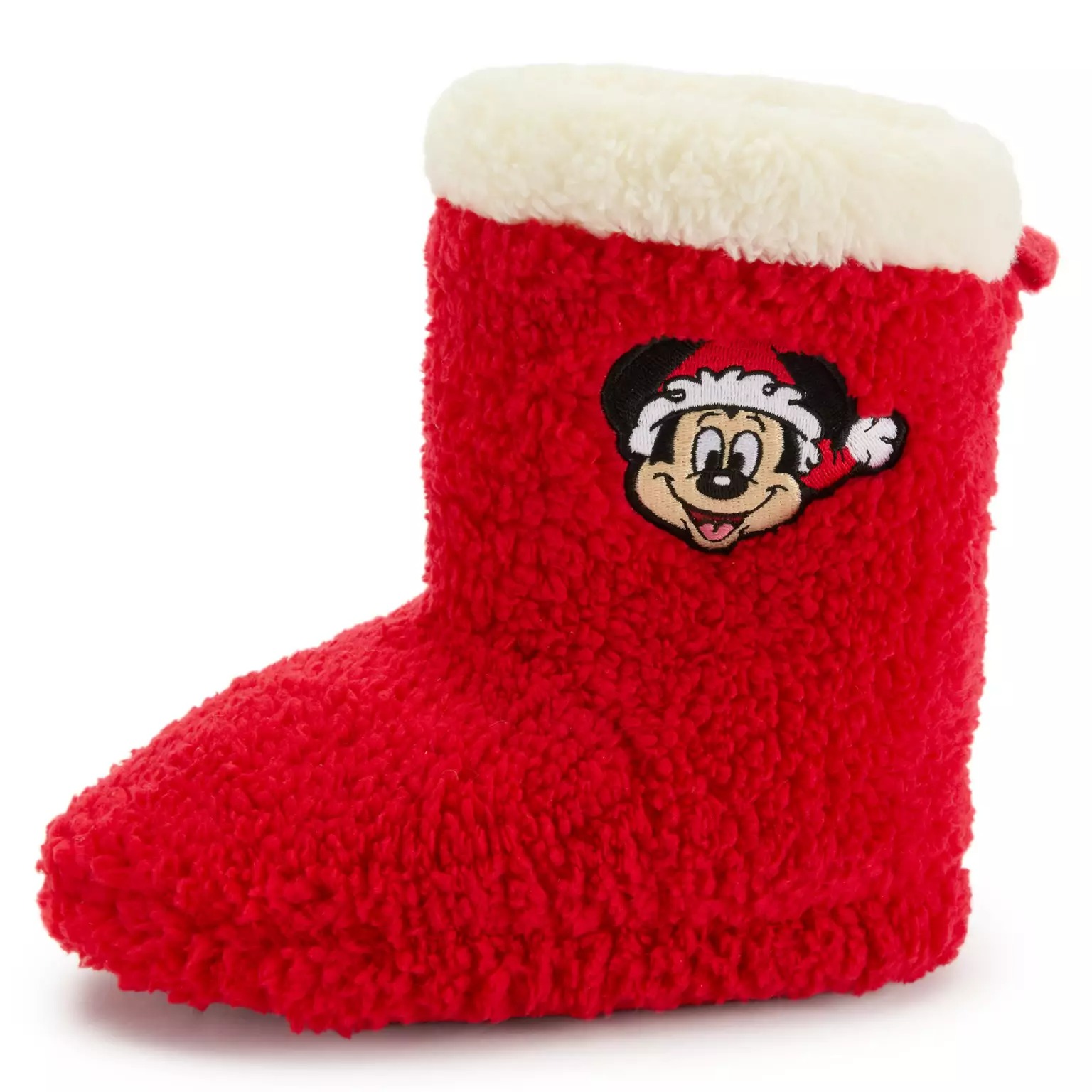Red fuzzy slipper boot with white cuff, Mickey Mouse Santa face—festive 2025 Disney Christmas merchandise.