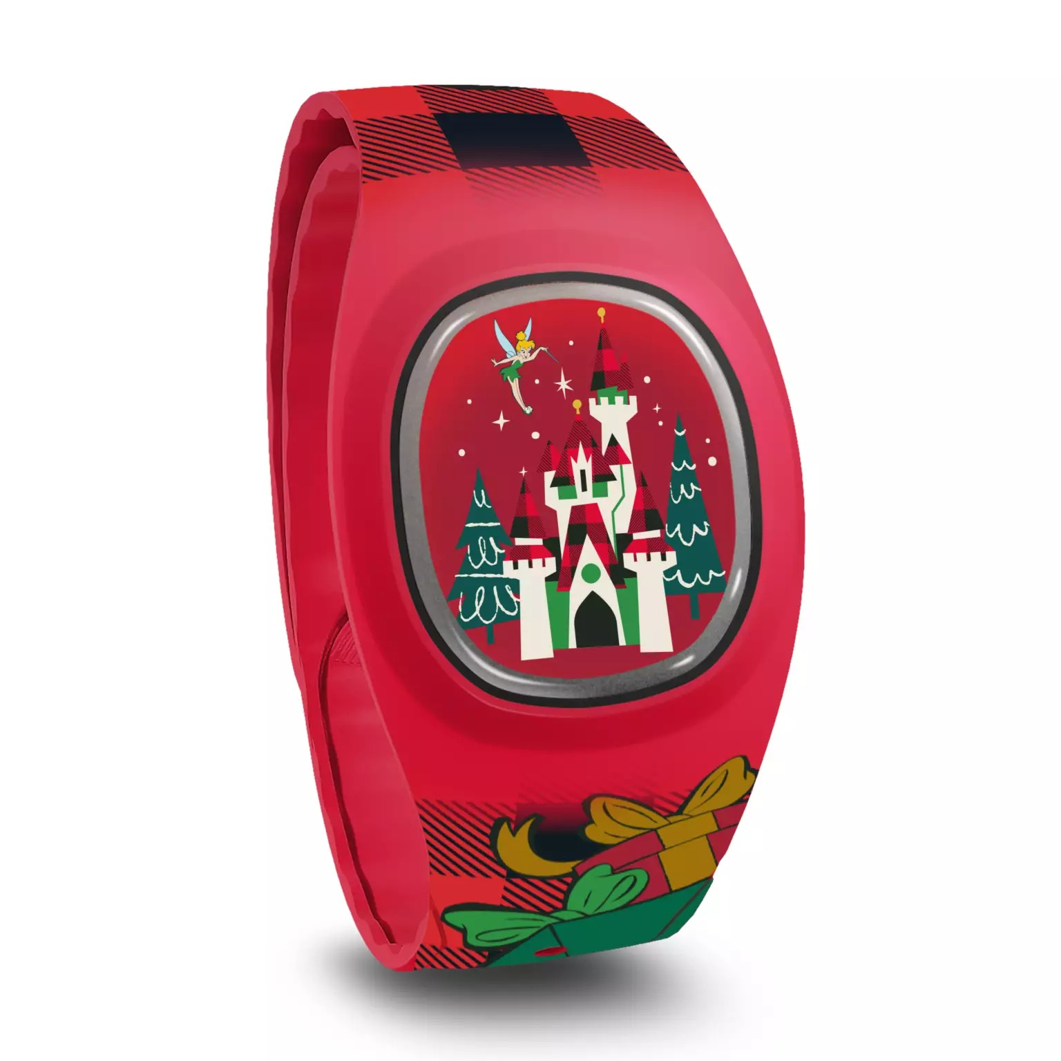 Red MagicBand with a castle, Tinker Bell, and gifts—festive Disney Christmas Merchandise for 2025.