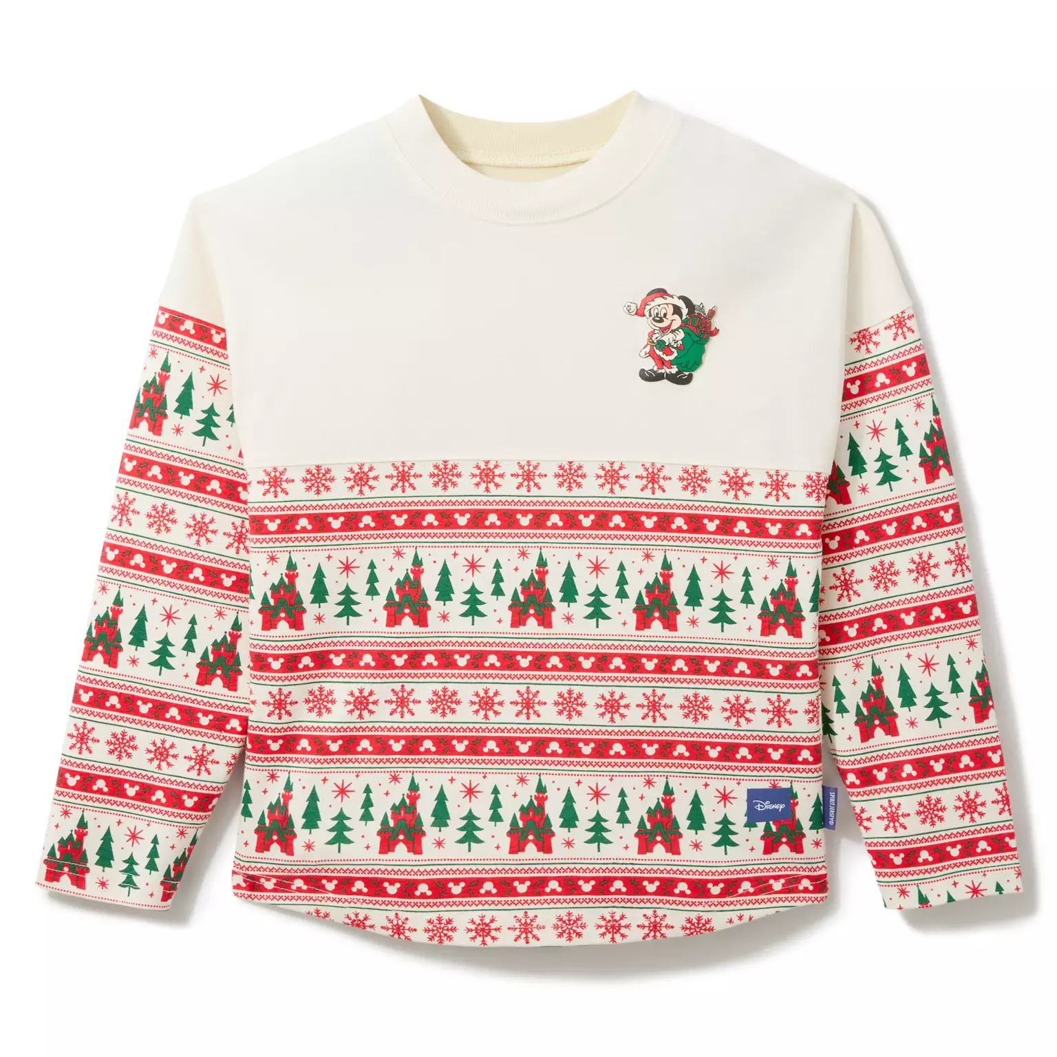 White holiday sweater with red snowflakes, green trees, and a 2025 Disney Store Mickey Mouse embroidered in a Santa hat.