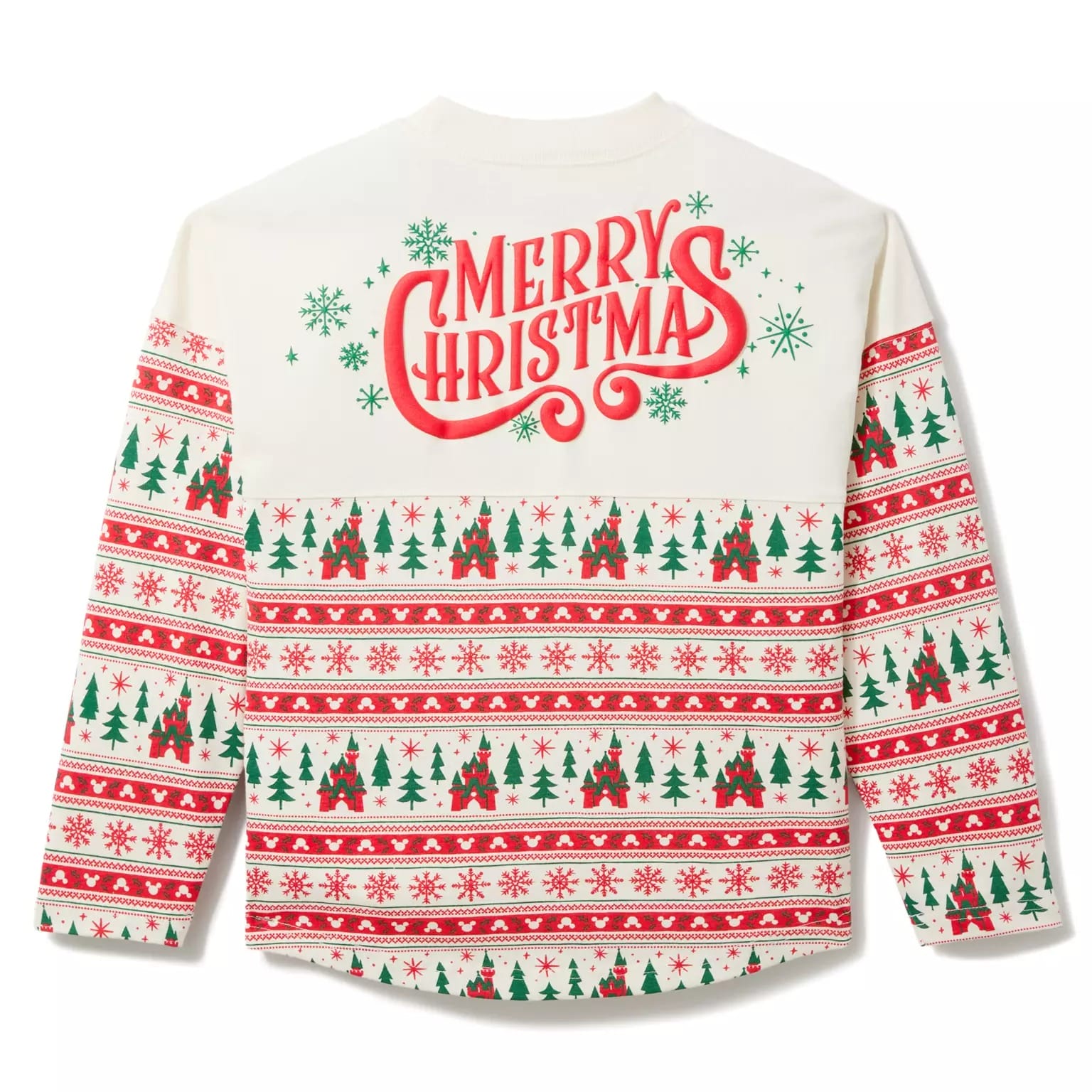 White and red Disney Christmas sweater with "Merry Christmas," snowflakes, and trees—part of Disney Christmas Merchandise 2025.