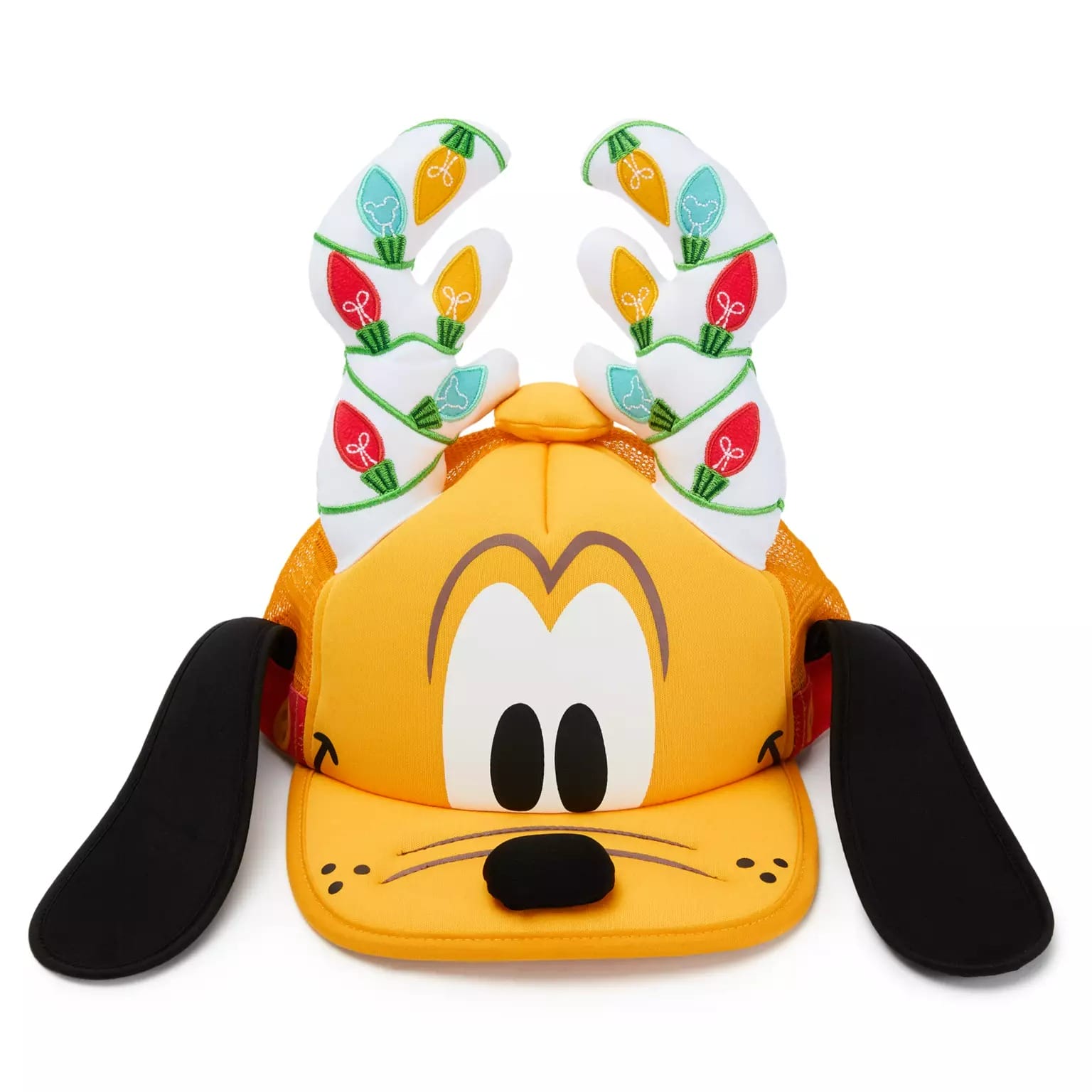 Yellow Pluto hat with floppy black ears and antlers, part of the 2025 Disney Christmas merchandise collection.