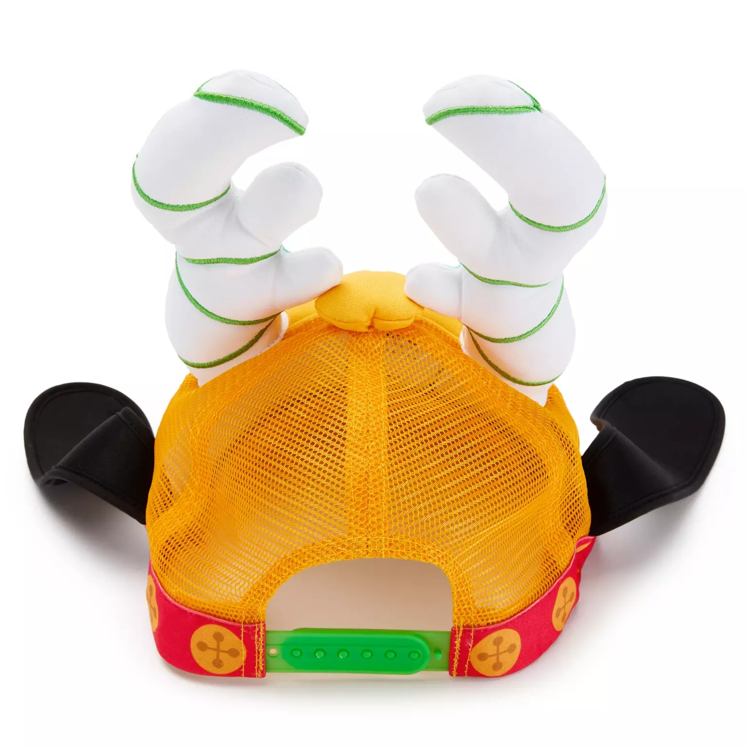 A yellow and red mesh hat with plush white horns, black floppy ears, and Disney Store 2025 Christmas flair.