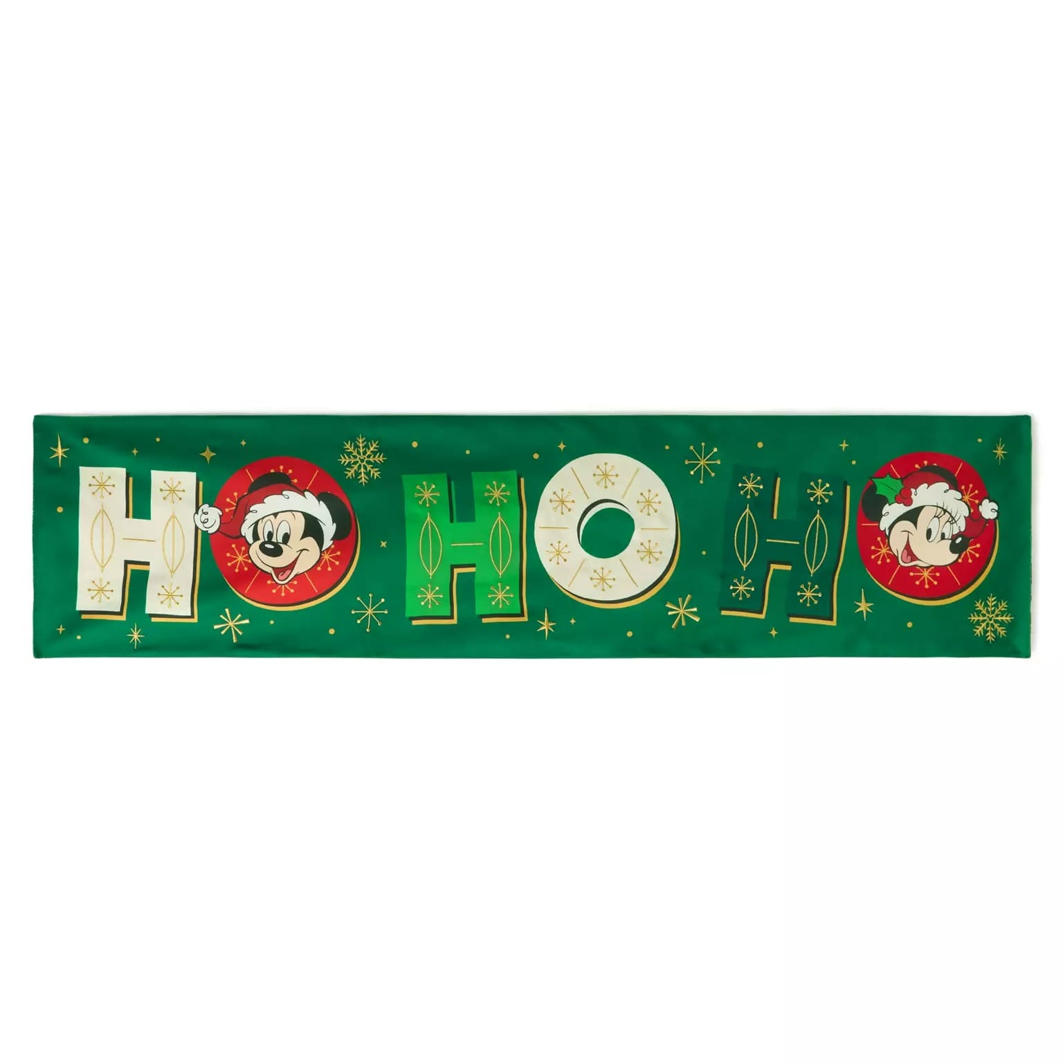 Green banner with "HO HO HO" featuring Mickey & Minnie in the "O"s—part of 2025 Disney Christmas Merchandise.