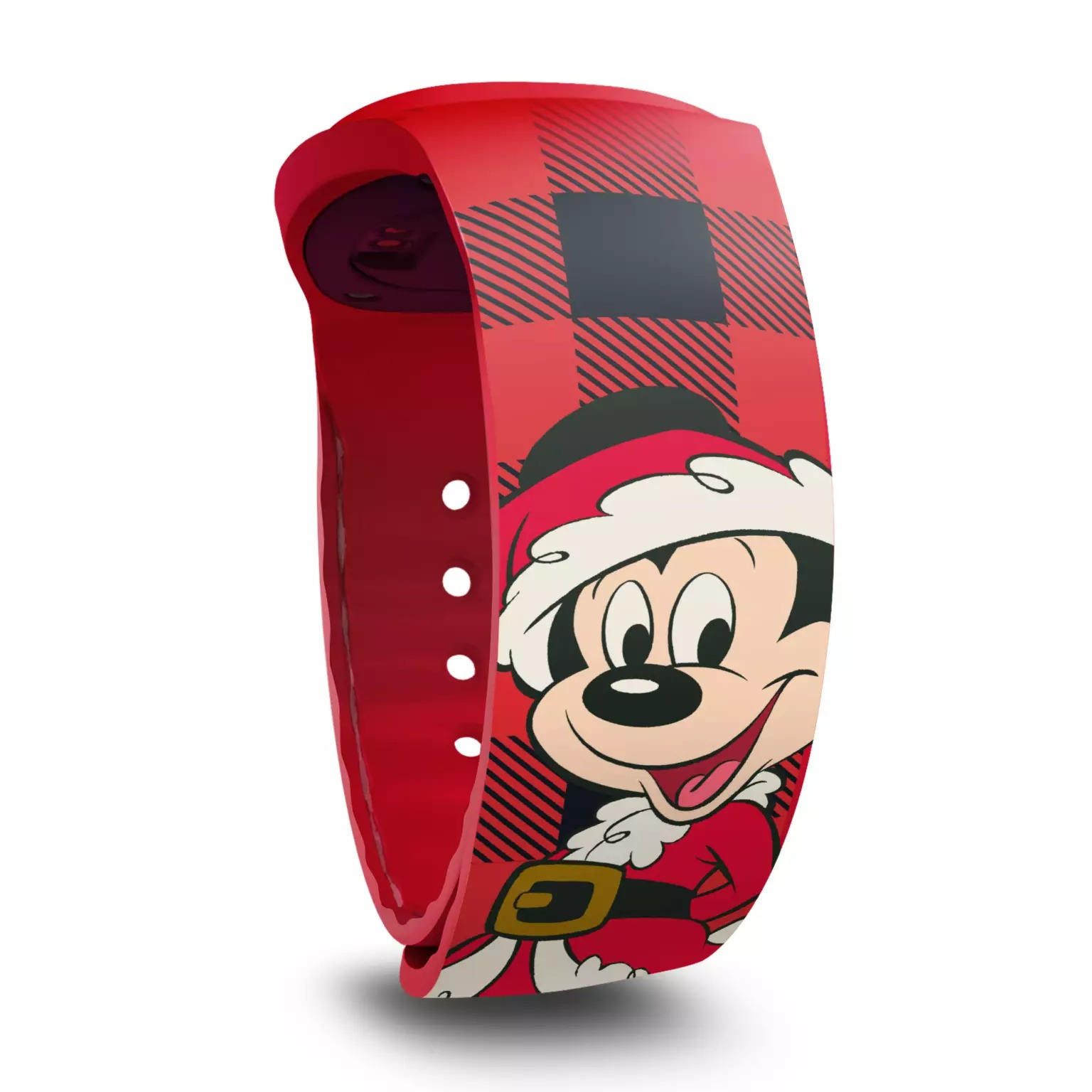 Red Disney MagicBand with Mickey Mouse in a Santa outfit, part of 2025 Disney Christmas merchandise.