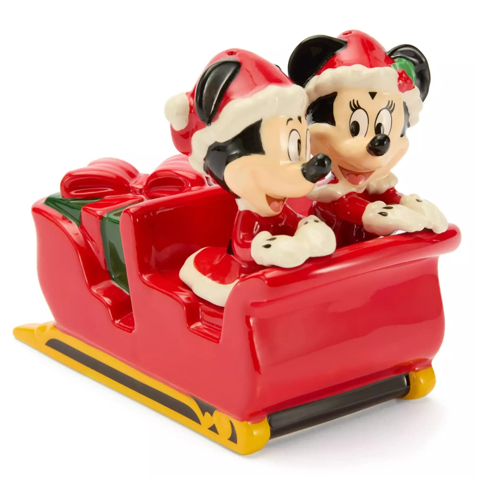 Mickey and Minnie Mouse in Santa outfits ride a red sleigh—2025 Disney Store Christmas merchandise holiday decoration.