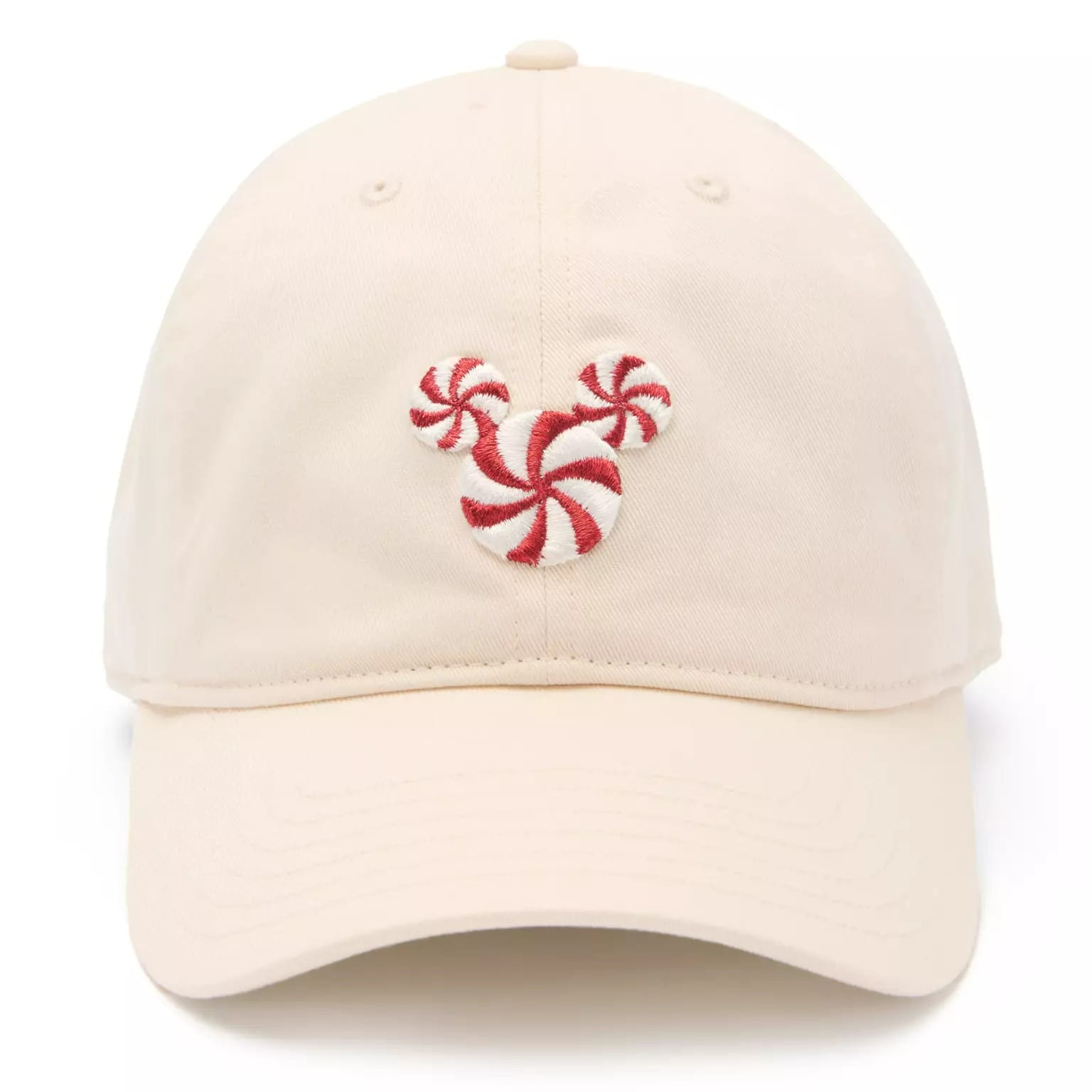 Beige baseball cap featuring a red and white peppermint Mickey Mouse head—part of 2025 Disney Christmas Merchandise.