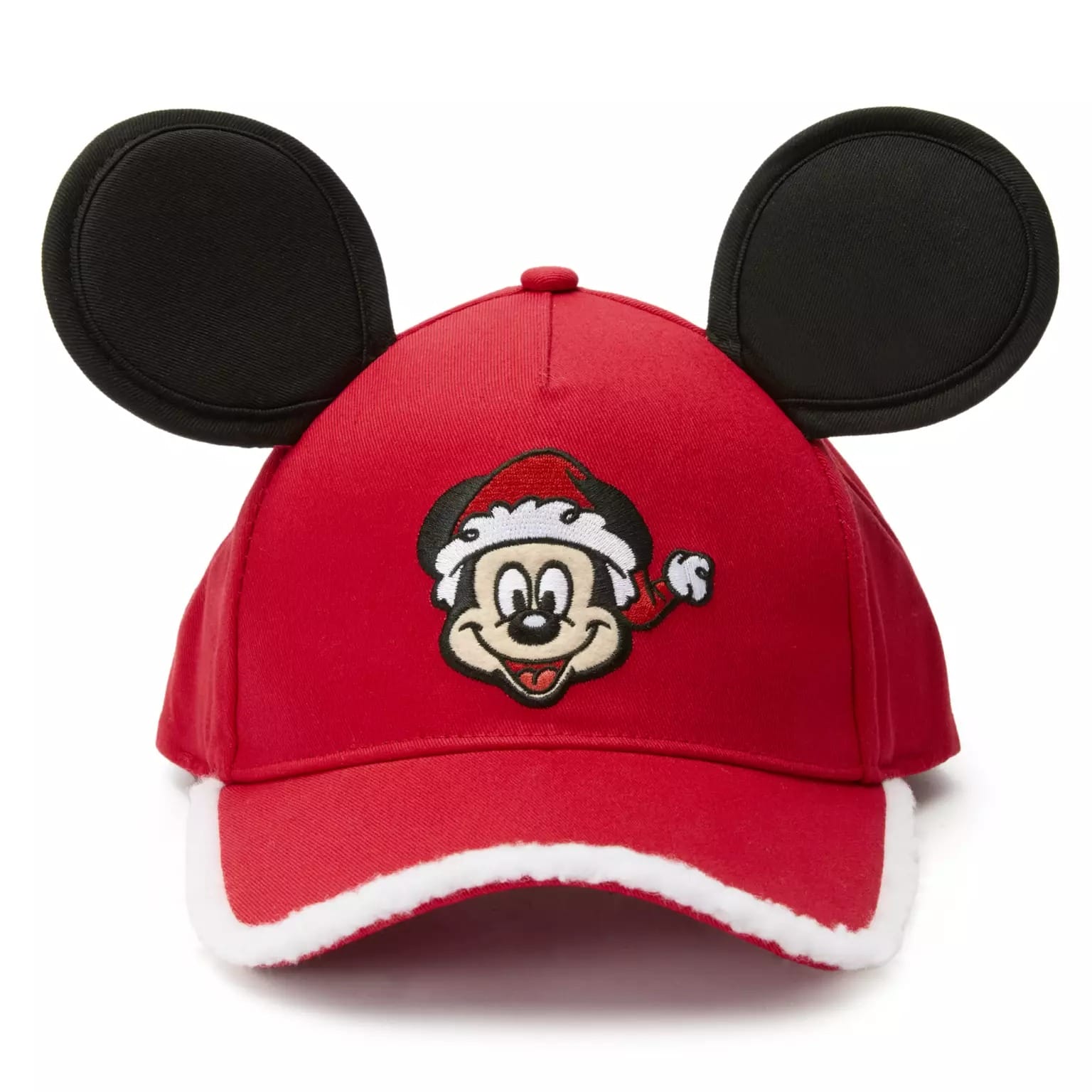 Disney Store 2025 Christmas hat with black mouse ears and Santa-themed cartoon mouse embroidery.
