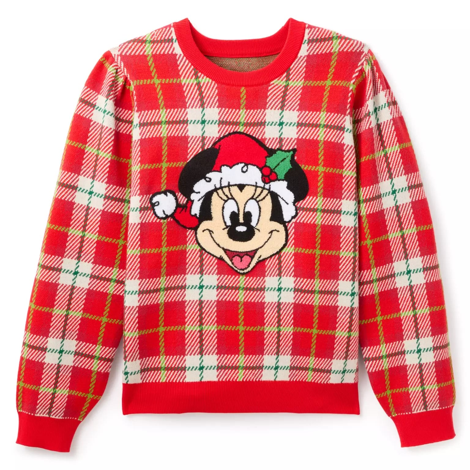 Red plaid sweater featuring a smiling cartoon mouse in a Santa hat—perfect Disney Christmas merchandise for 2025.